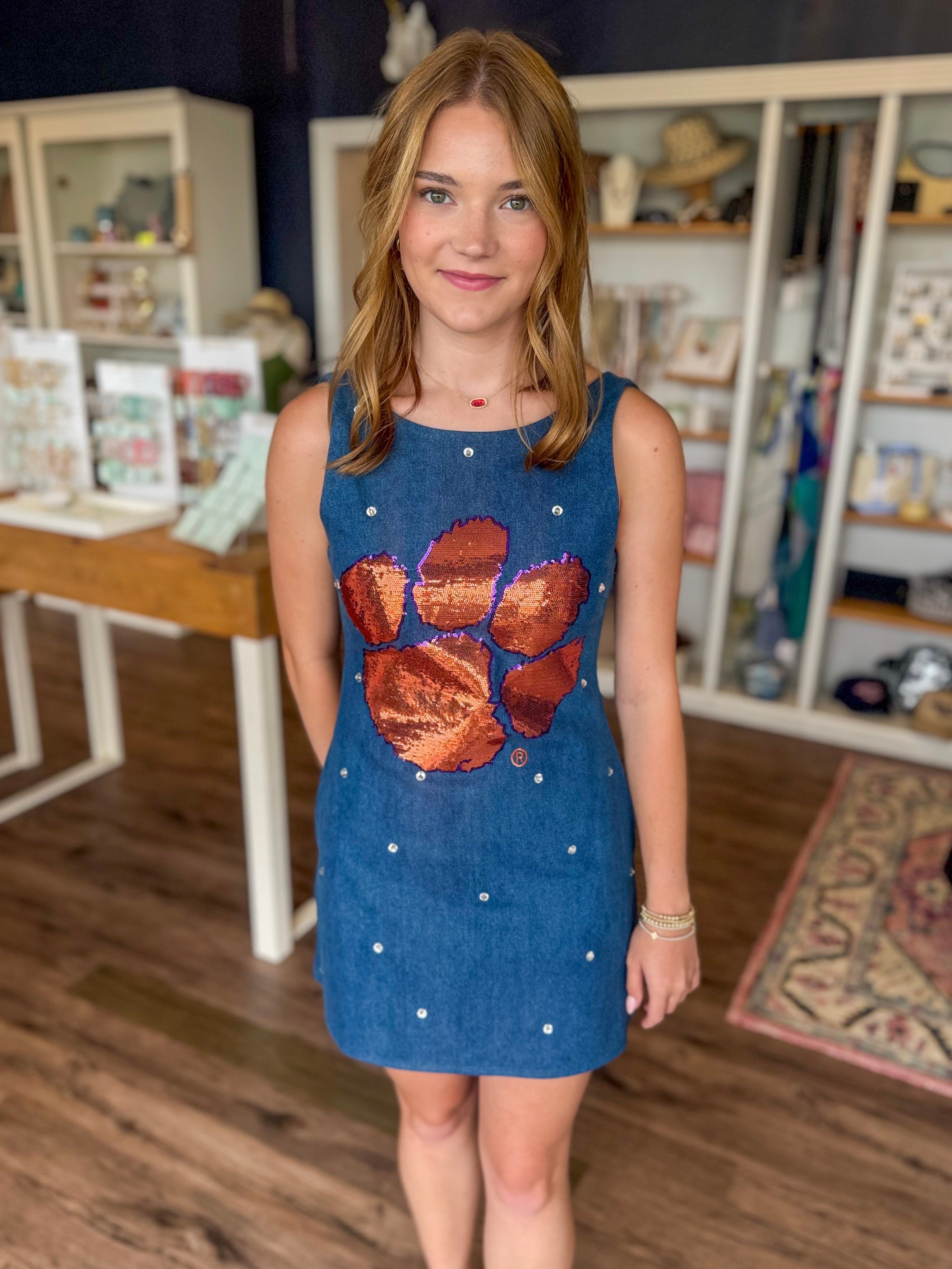 Clemson Scattered Jewel Denim Dress