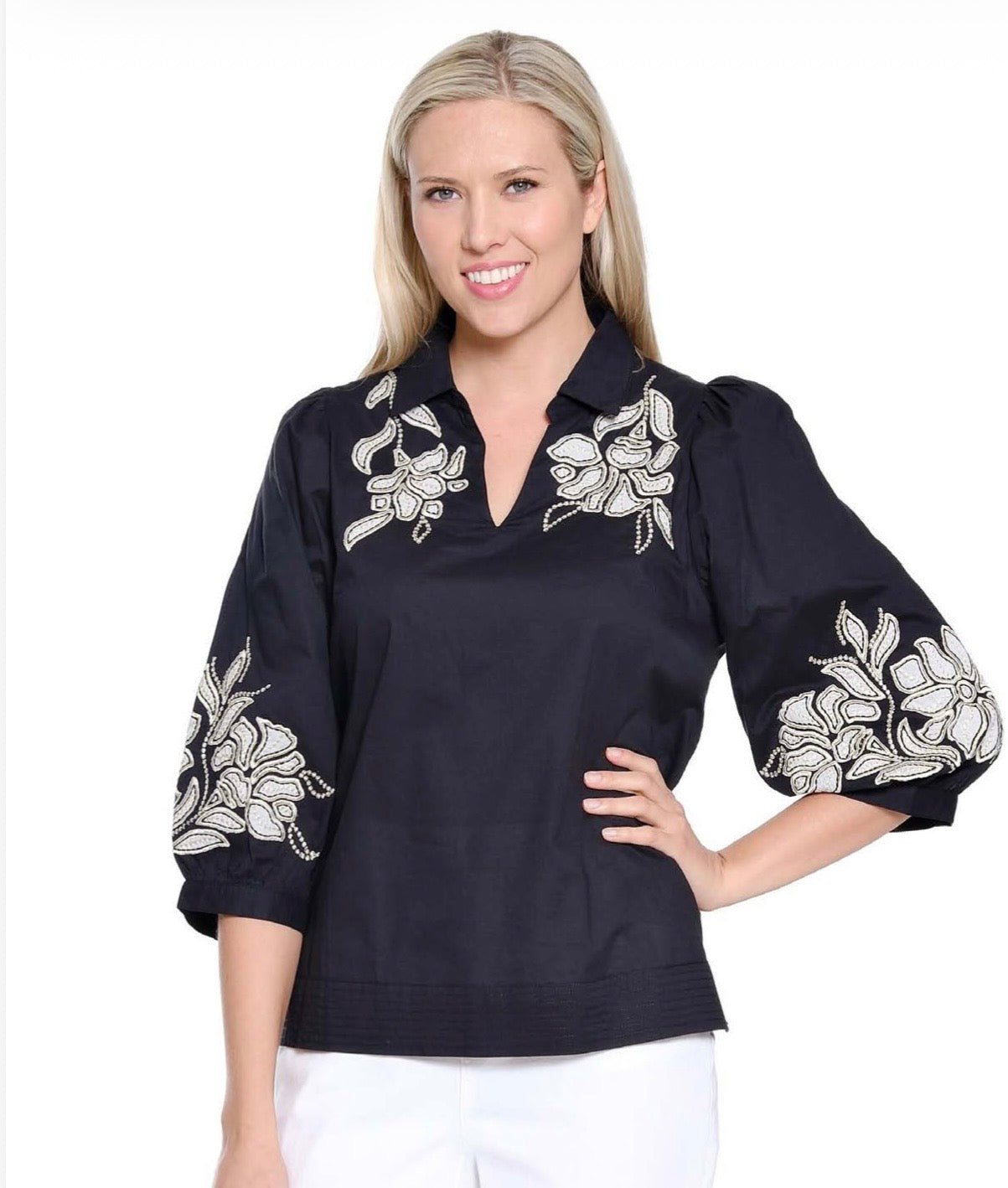 Black V-Neck Embroidered Popover