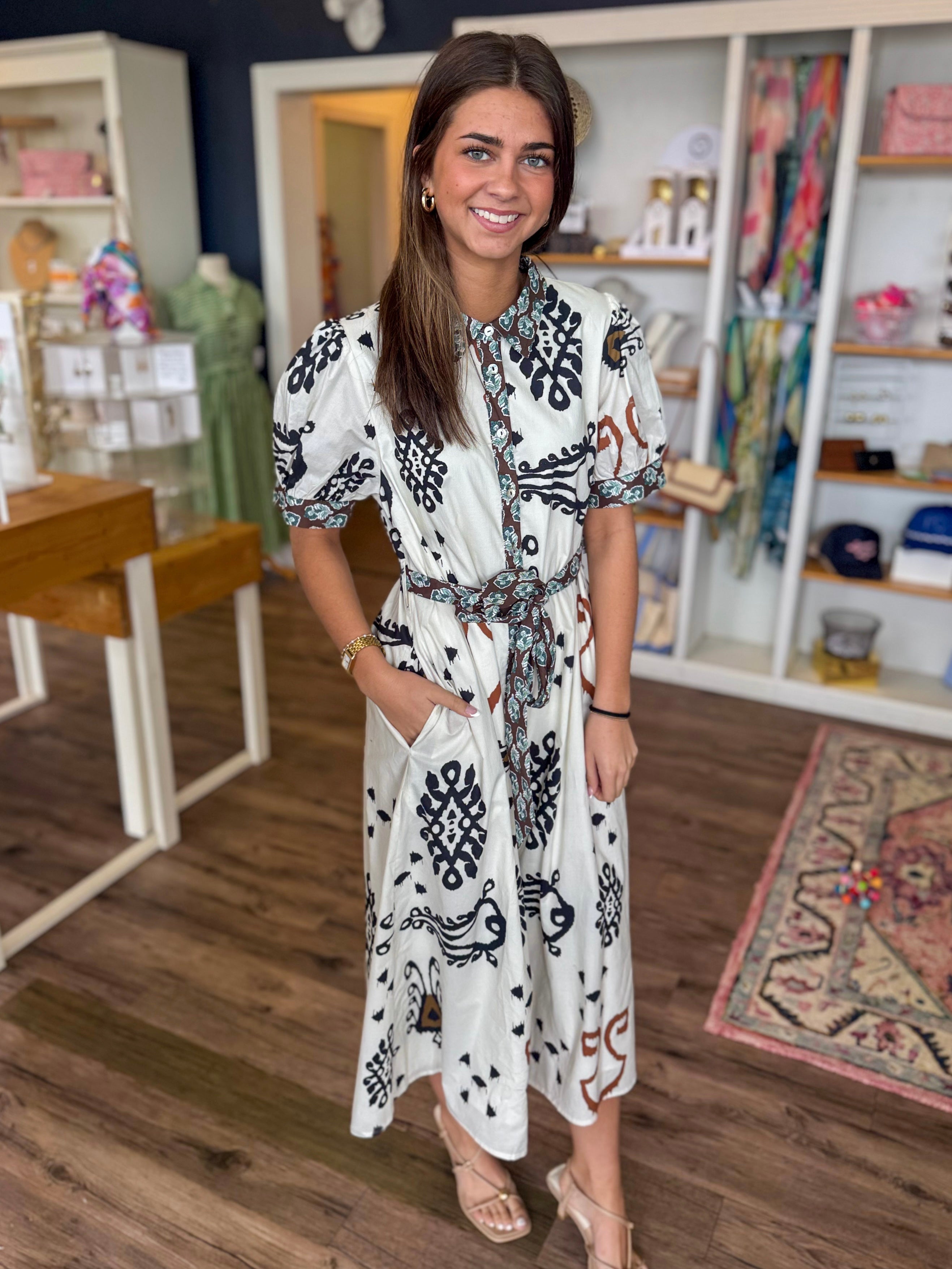 Black and Tan Ikat Midi Dress