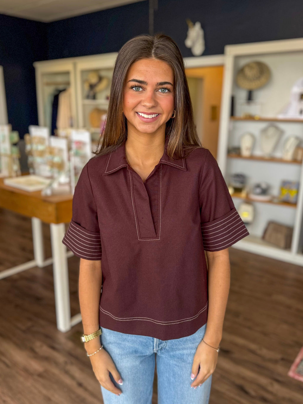 Brown Boxy Stitching Top