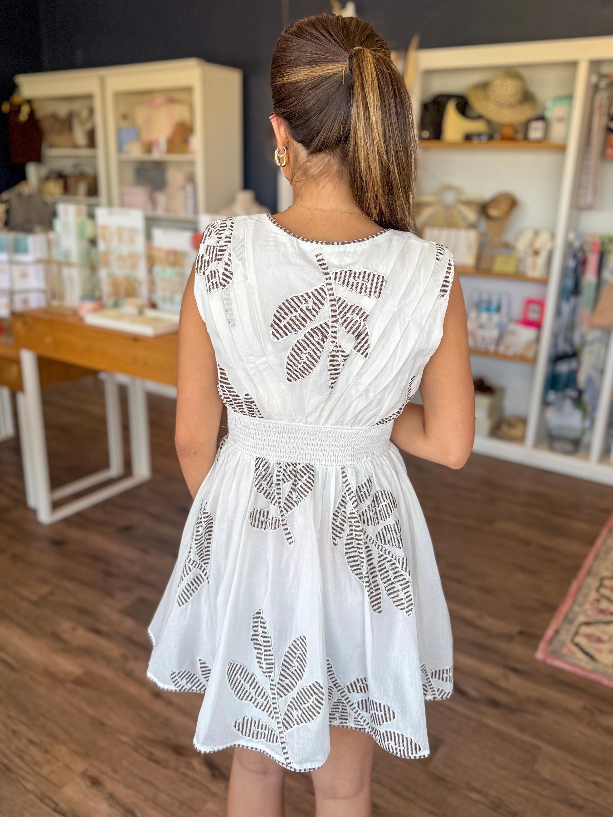 Leaves and Pleats Smocked Mini Dress