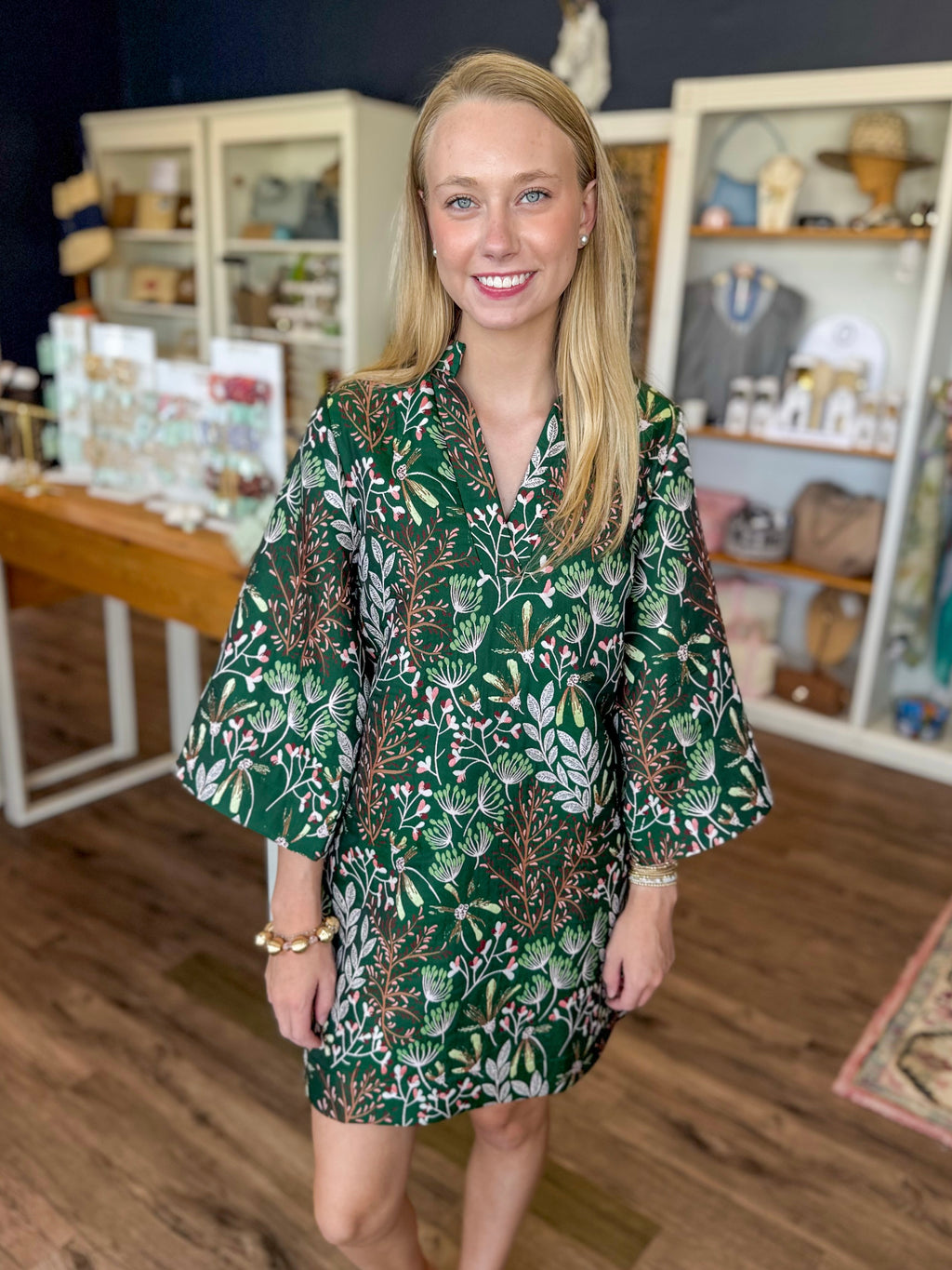 Evergreen Bloom Bell Sleeve Dress