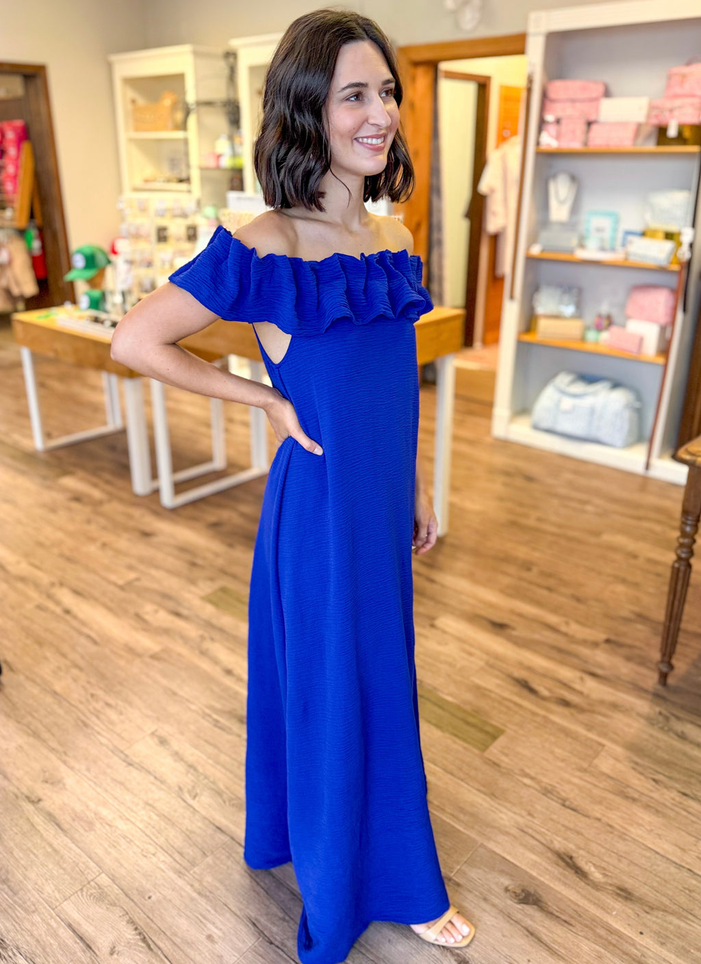 Solid Blue Ruffle Maxi Dress