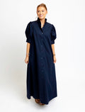 Solid Poplin Ruffle Neck Maxi in Navy