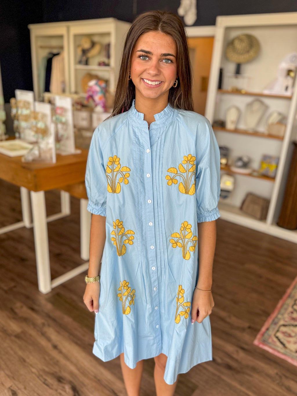 Blue and Gold Blocked Embroidery Dress