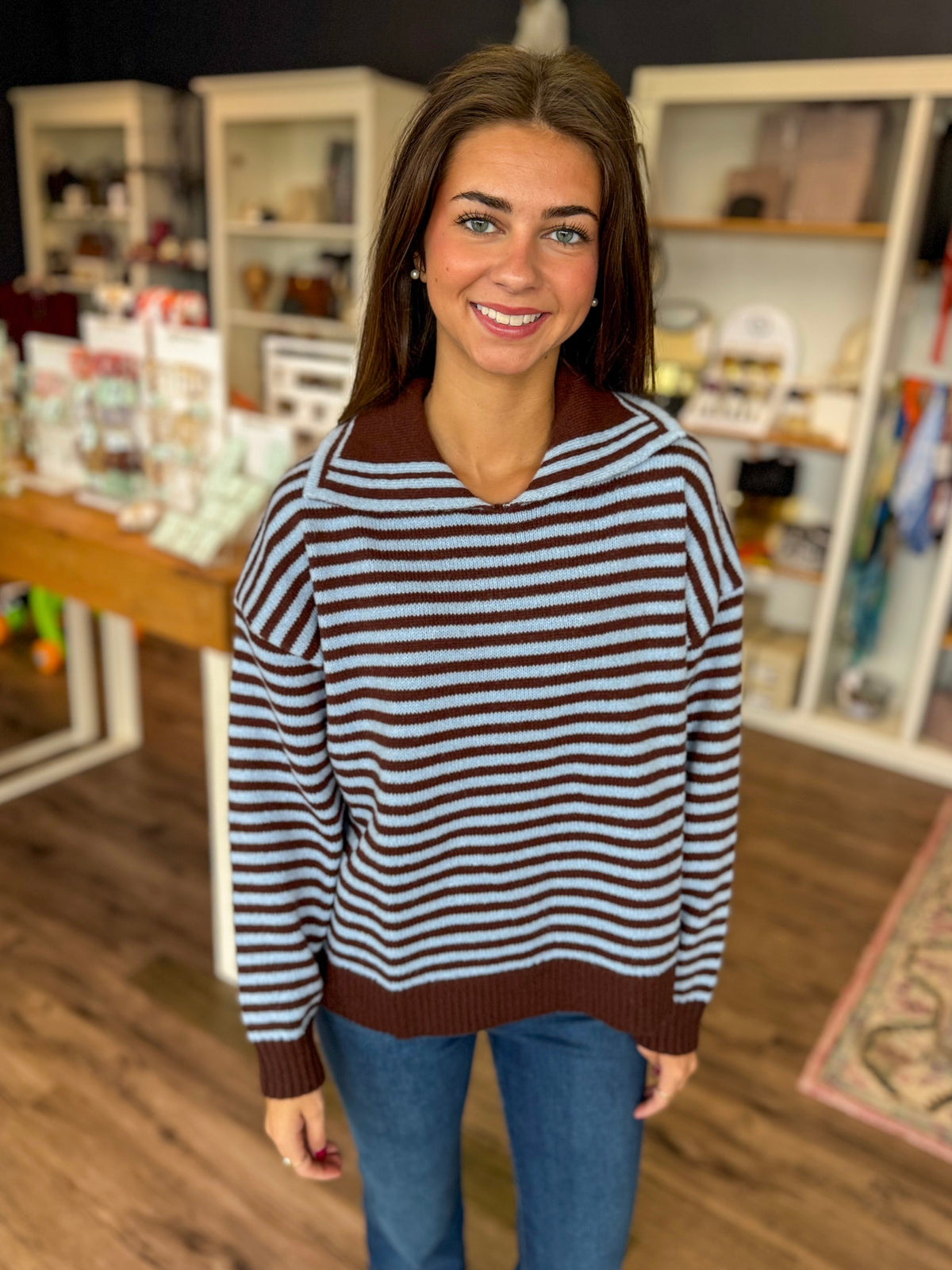 Sutton Stripe Chocolate Blue Sweater