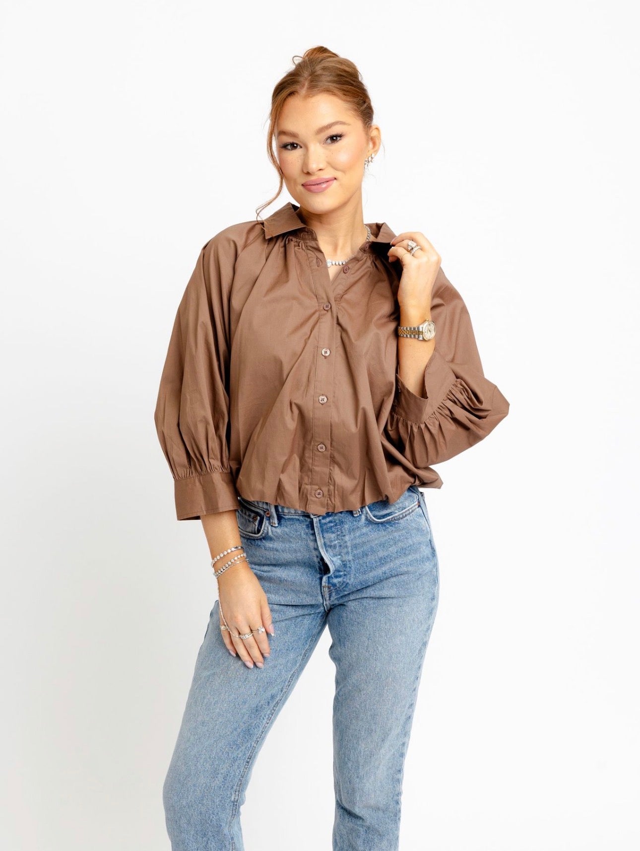 Brown Poplin Bubble Top
