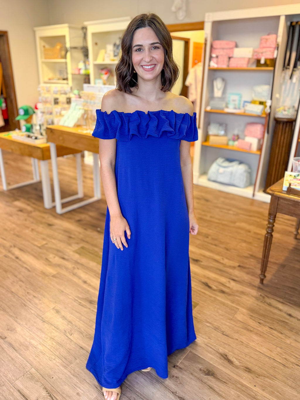 Solid Blue Ruffle Maxi Dress