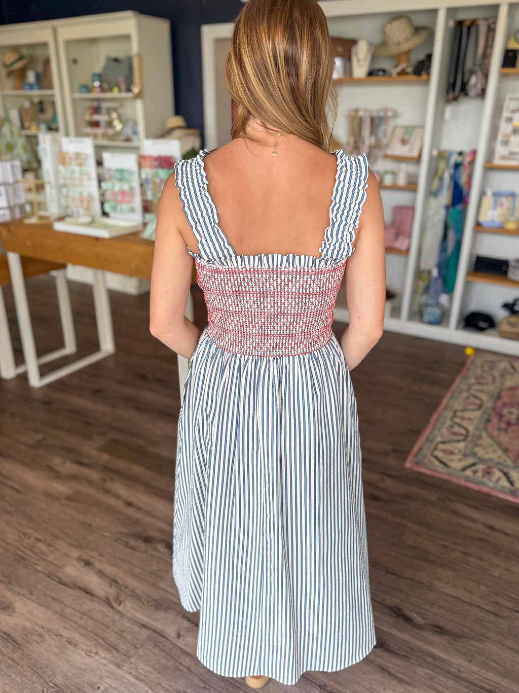 Stripe Smocked Ruffle Maxi Dress