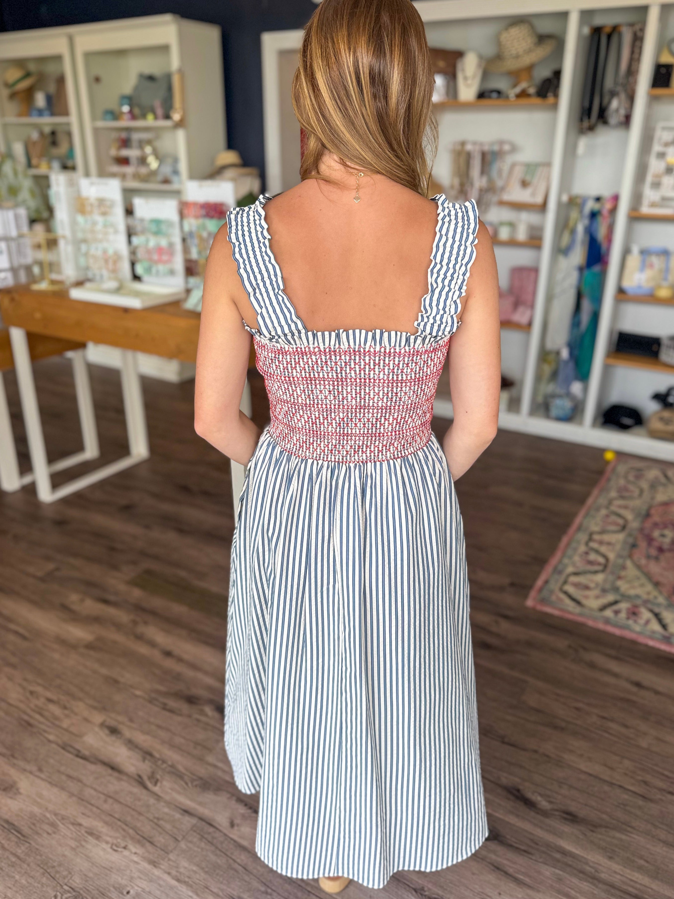 Stripe Smocked Ruffle Maxi Dress