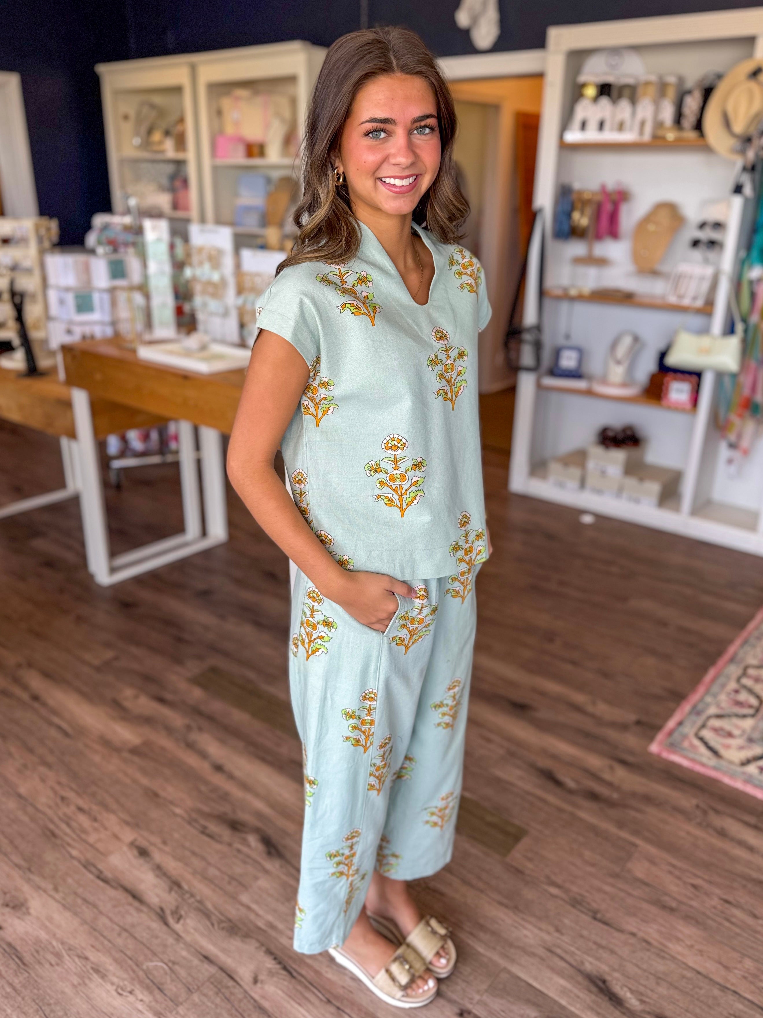 Aqua Printed Popover Top