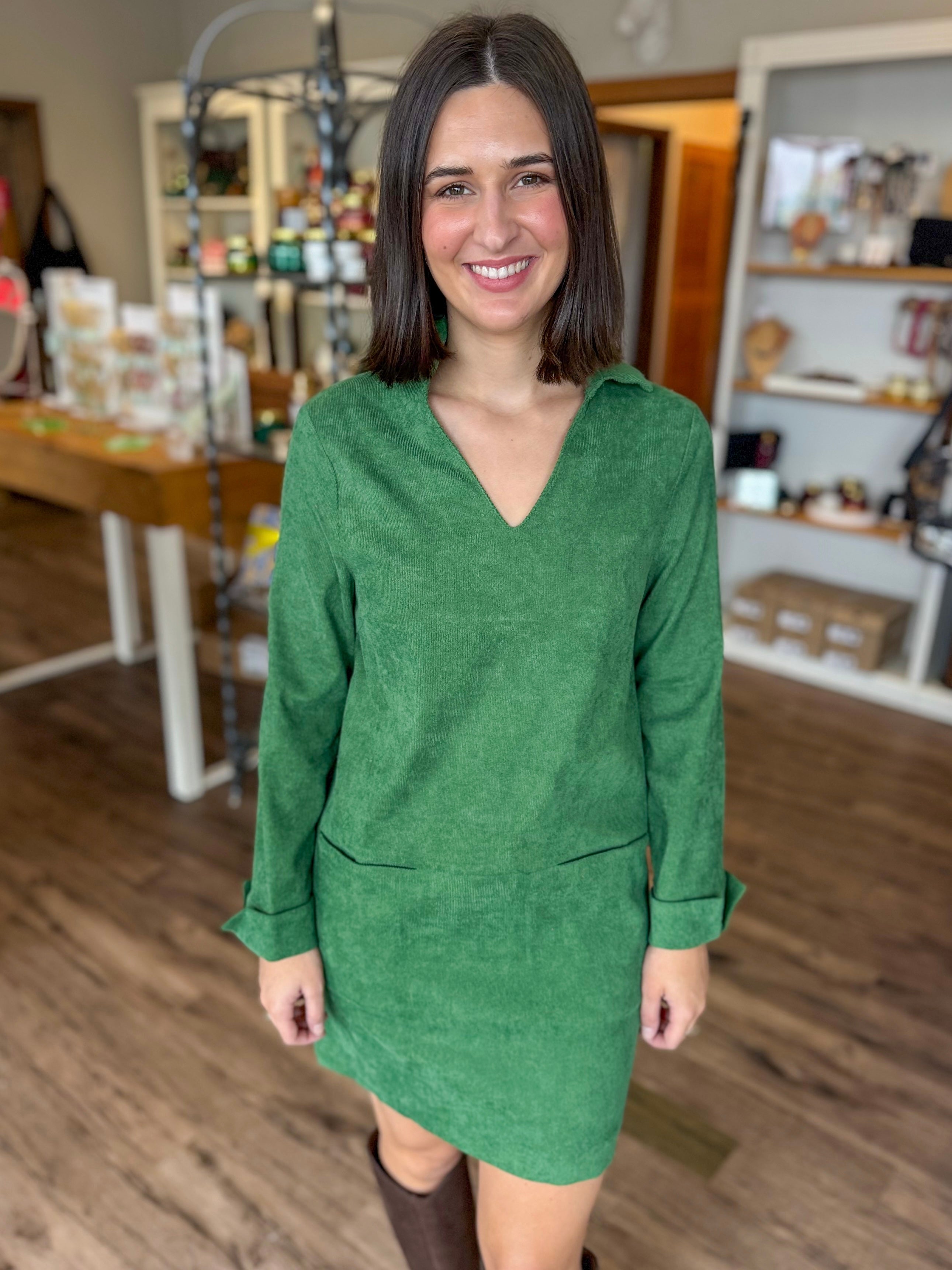 Green Corduroy Pocket Dress