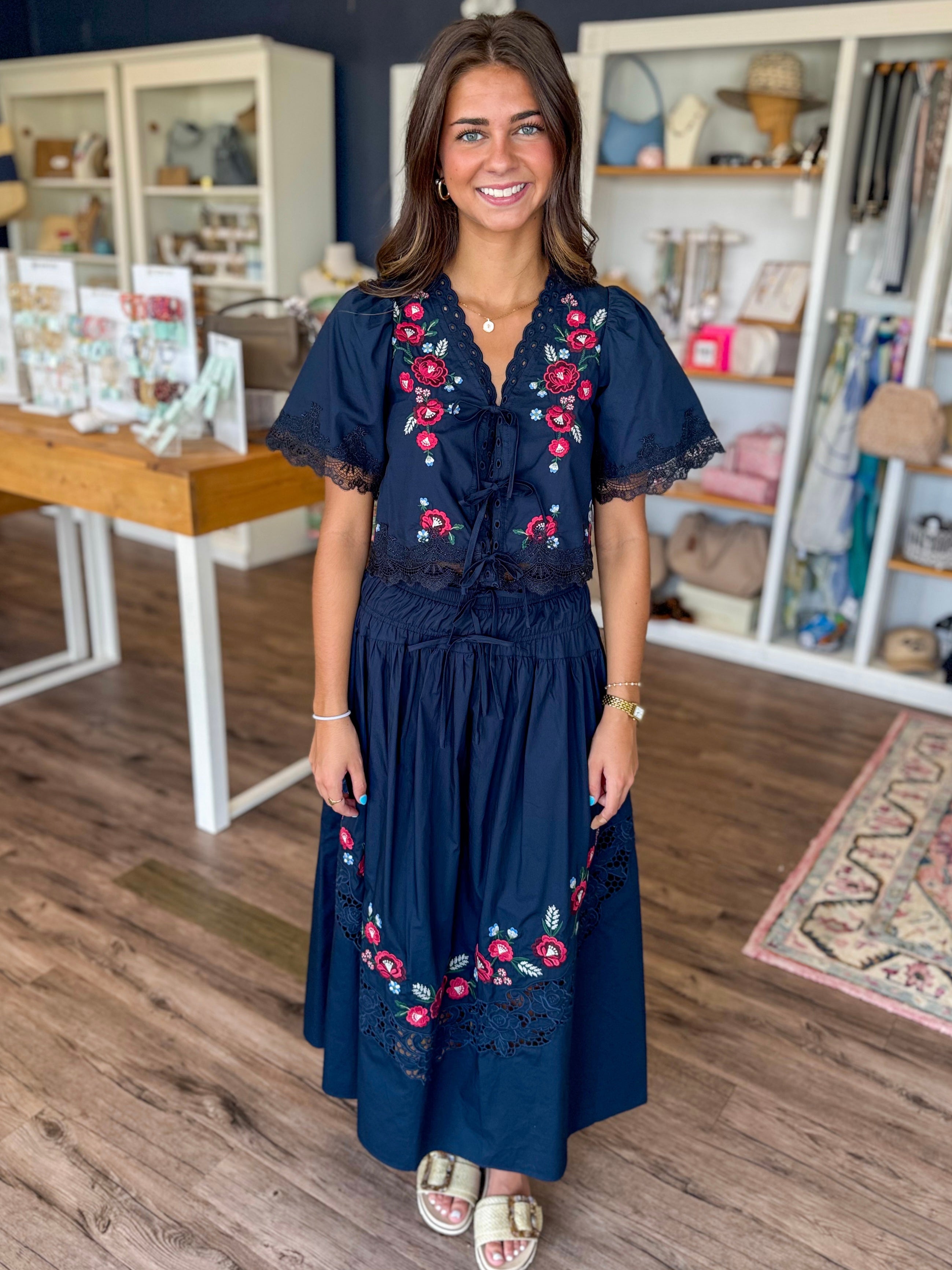 Navy Embroidered Skirt