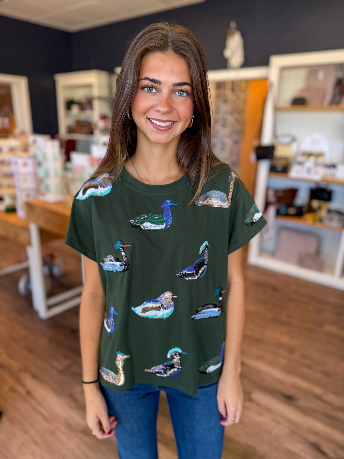 Olive Sequin Duck Tee