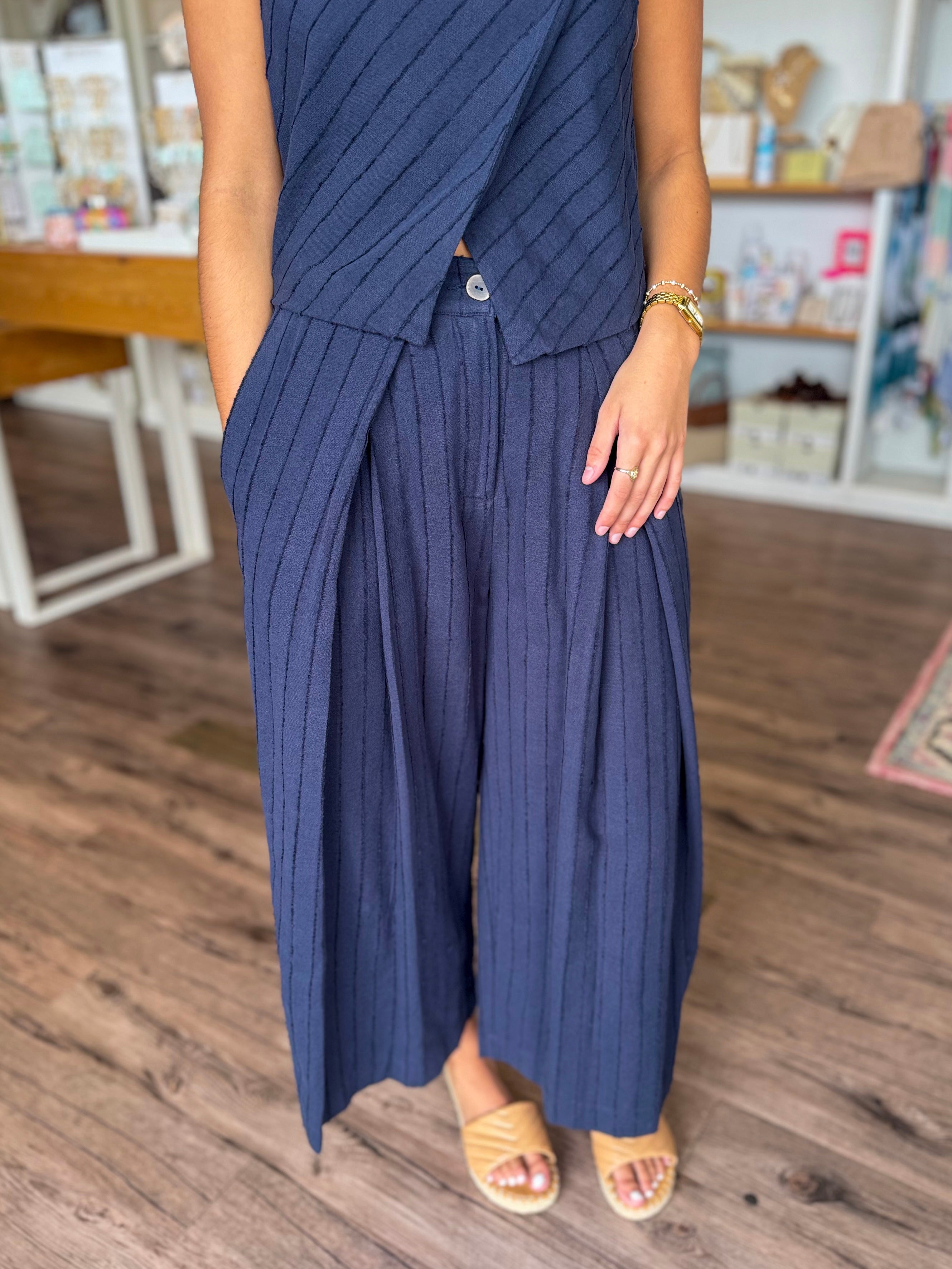 Navy Textured Pleated Trousers