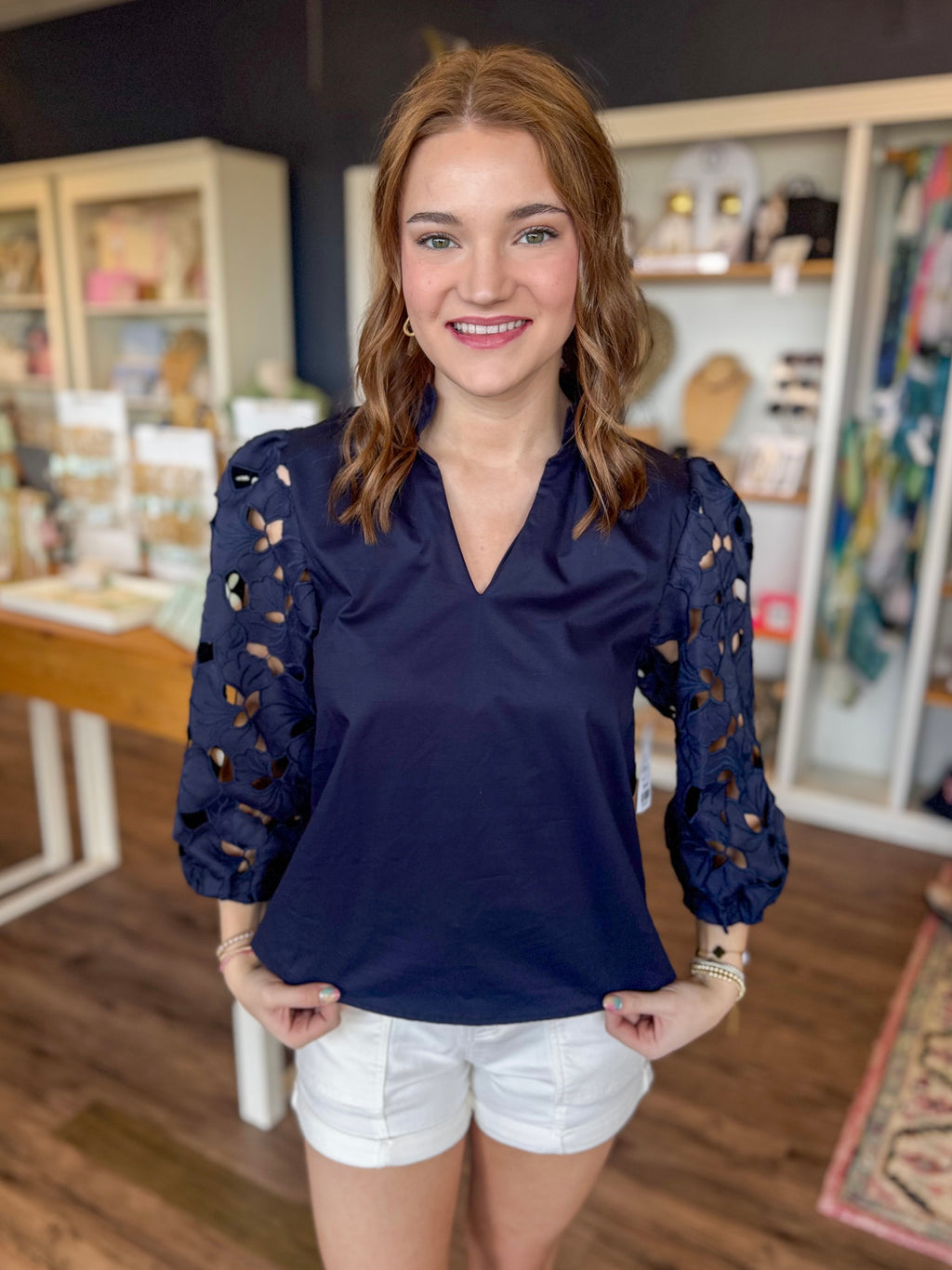 Deep Navy Eyelet Sleeves Blouse