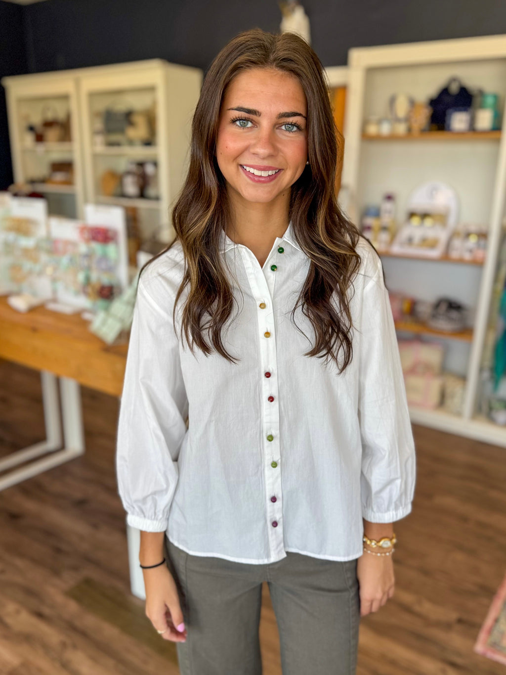 Colorful Button White Blouse