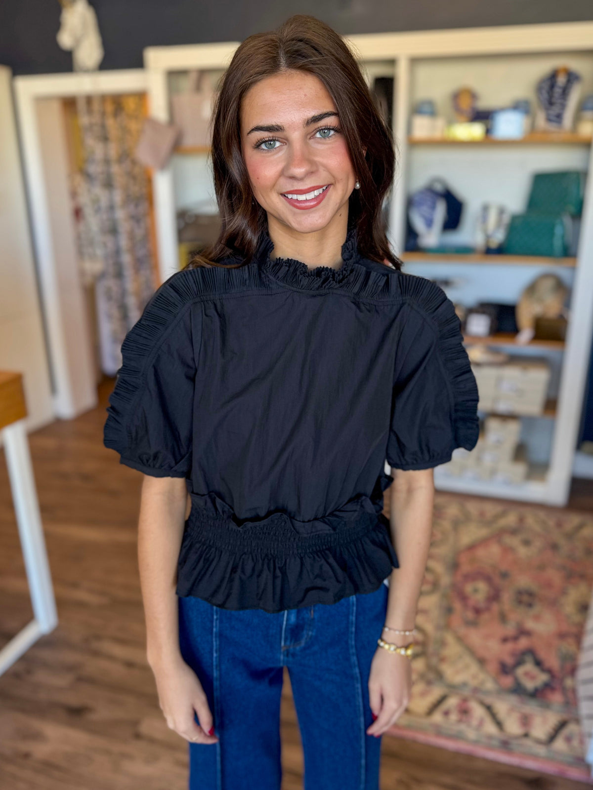 Black Ruffled Detail Top