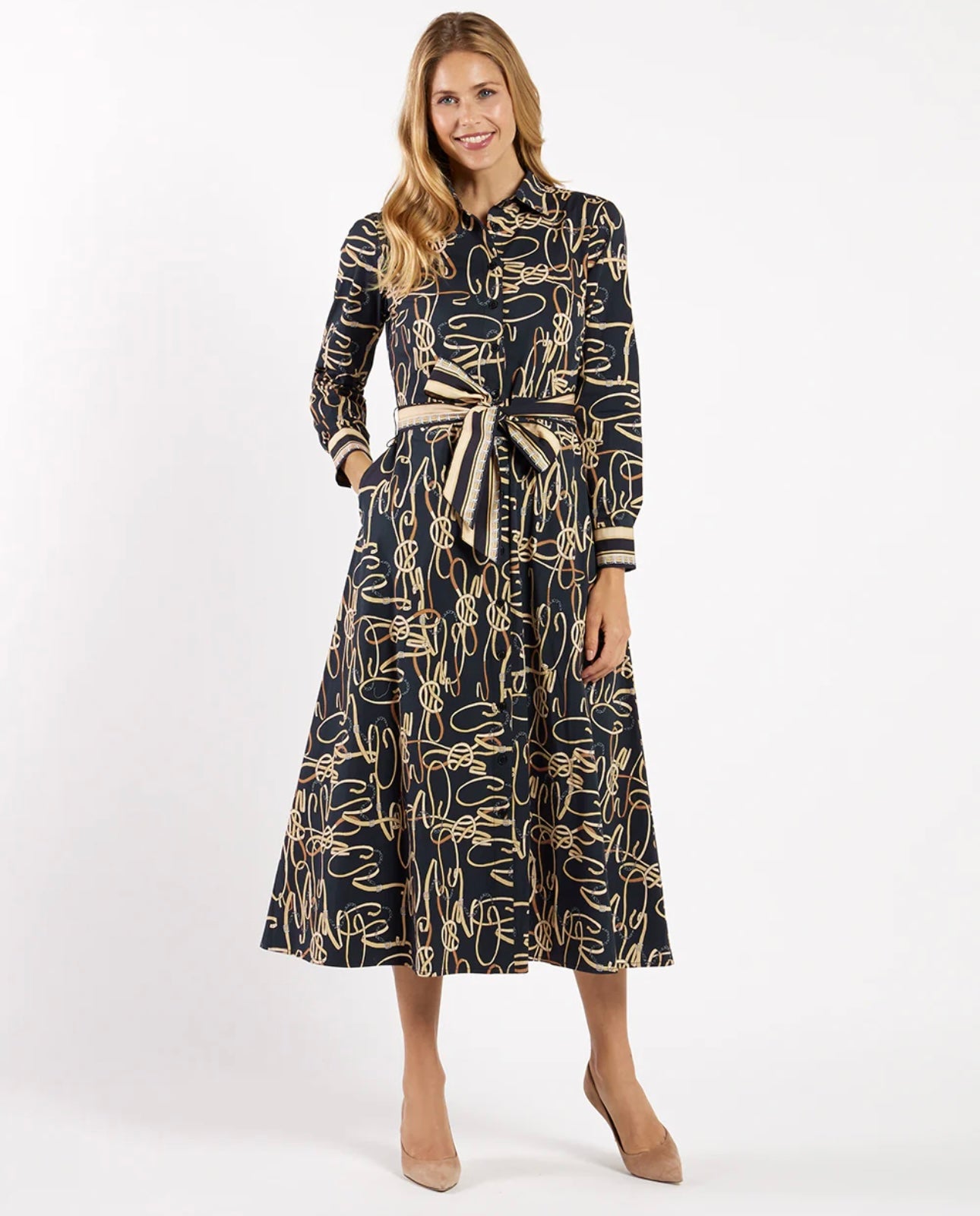 Kitty Dress in Belt Border Black