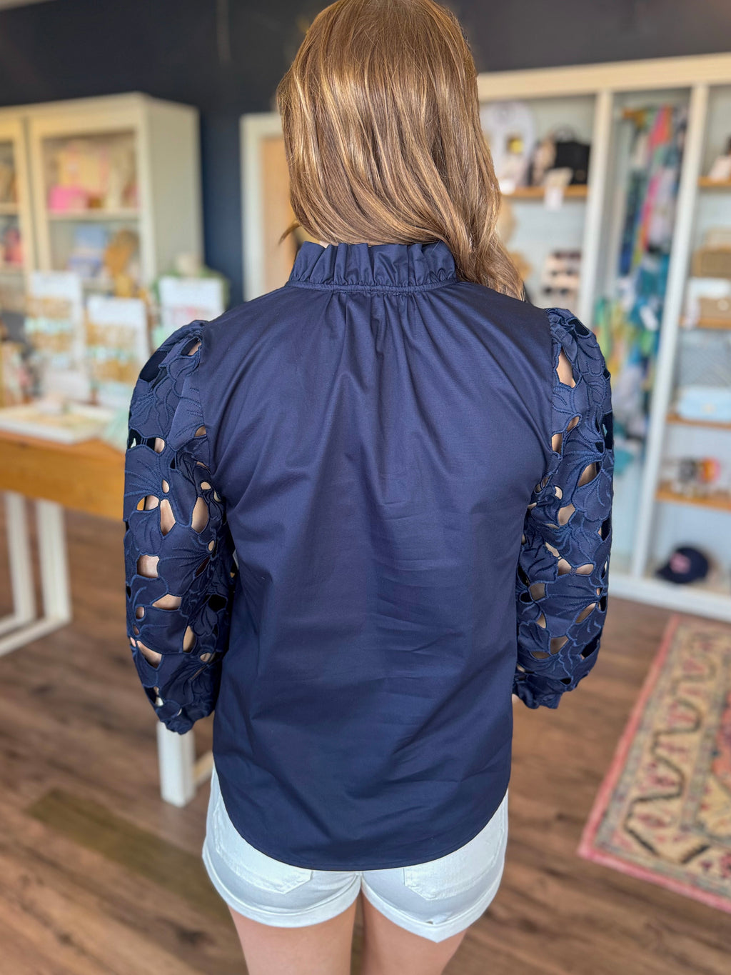 Deep Navy Eyelet Sleeves Blouse