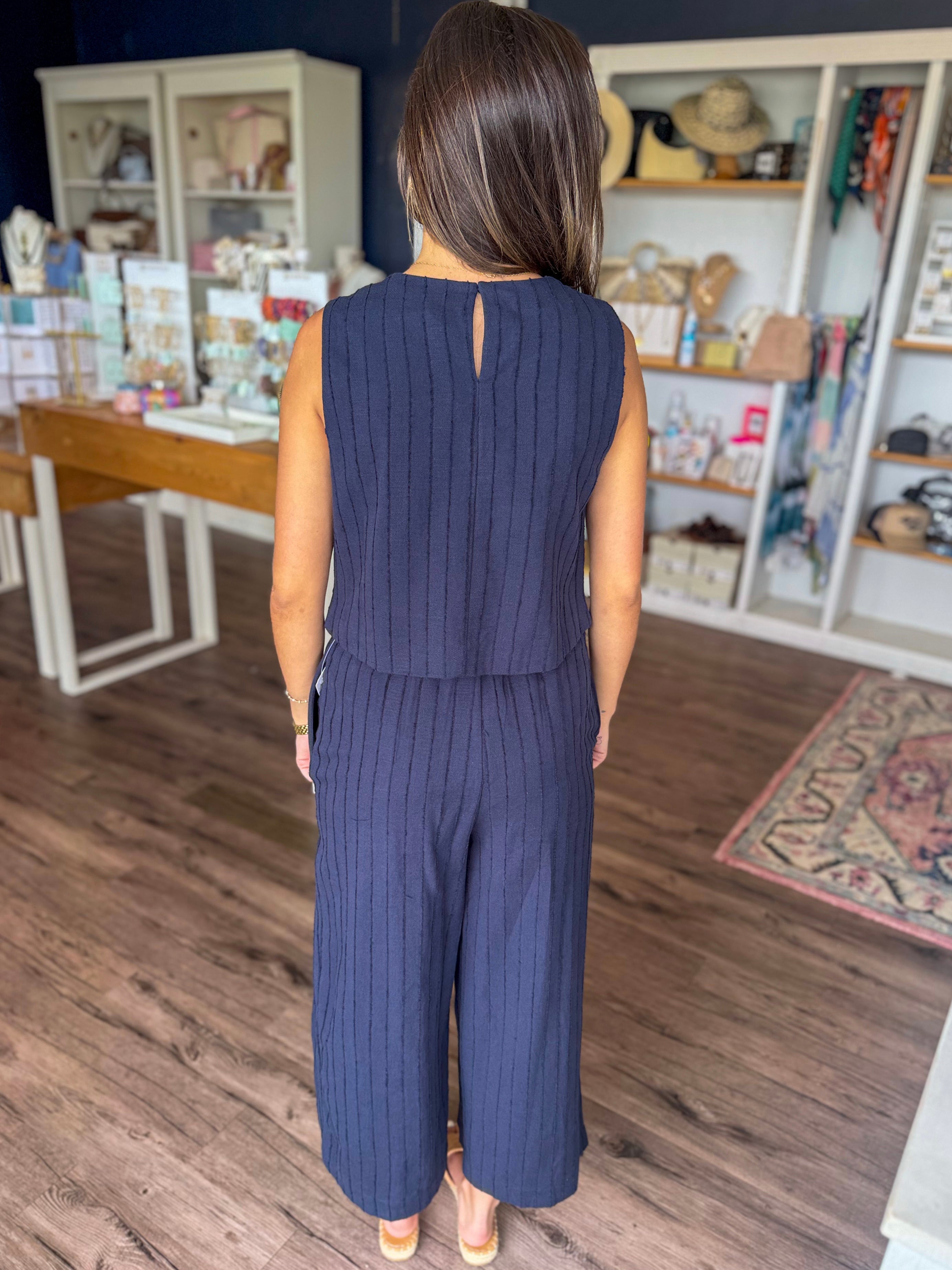 Navy Textured Pleated Trousers