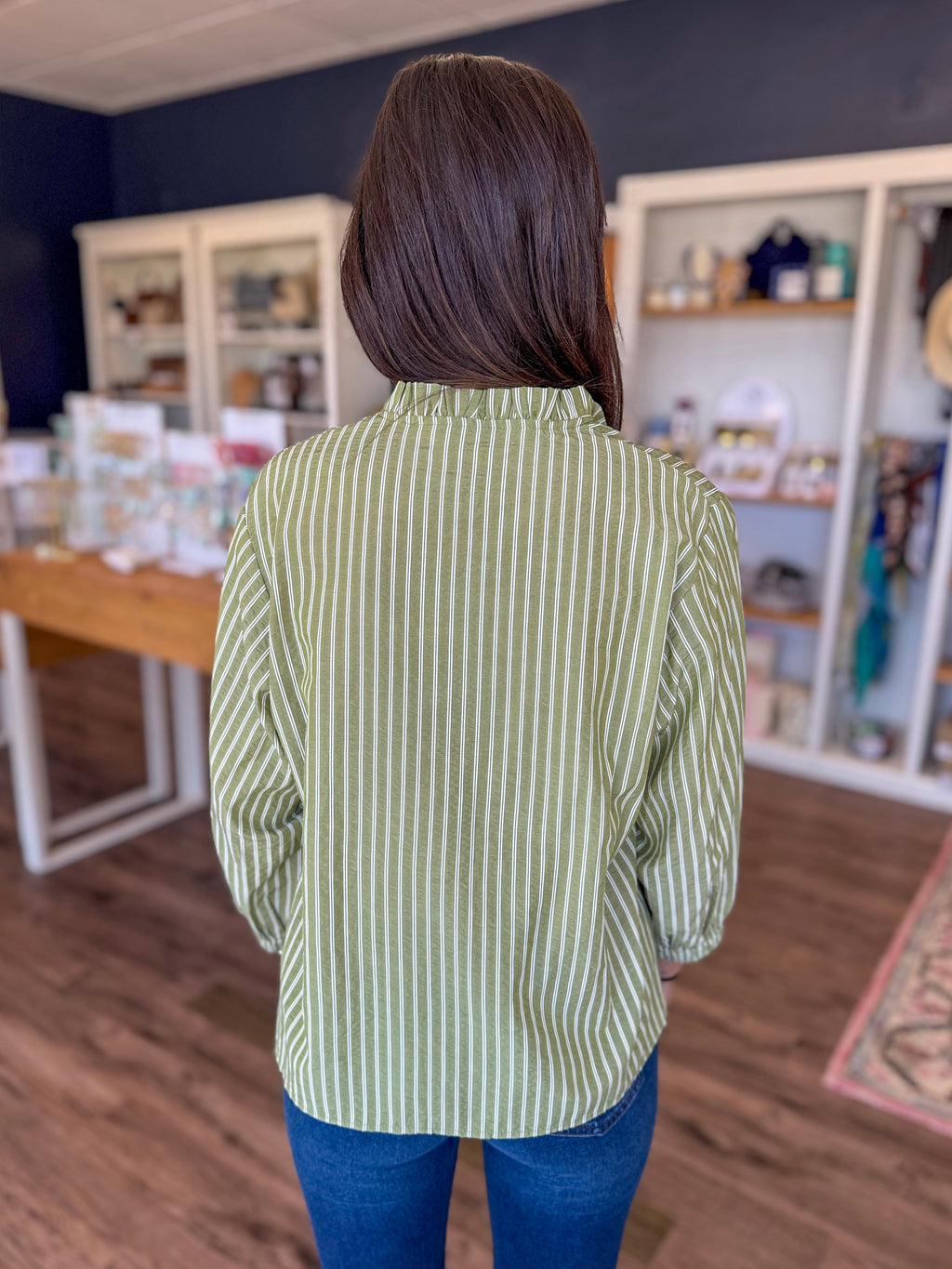 Green Stripe Ruffle Blouse