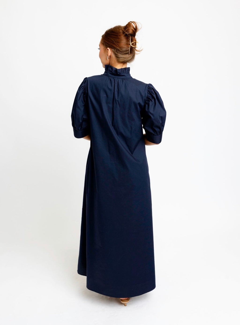 Solid Poplin Ruffle Neck Maxi in Navy