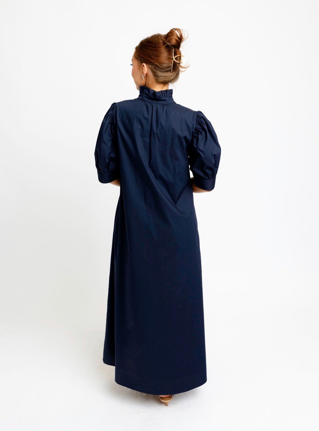 Solid Poplin Ruffle Neck Maxi in Navy