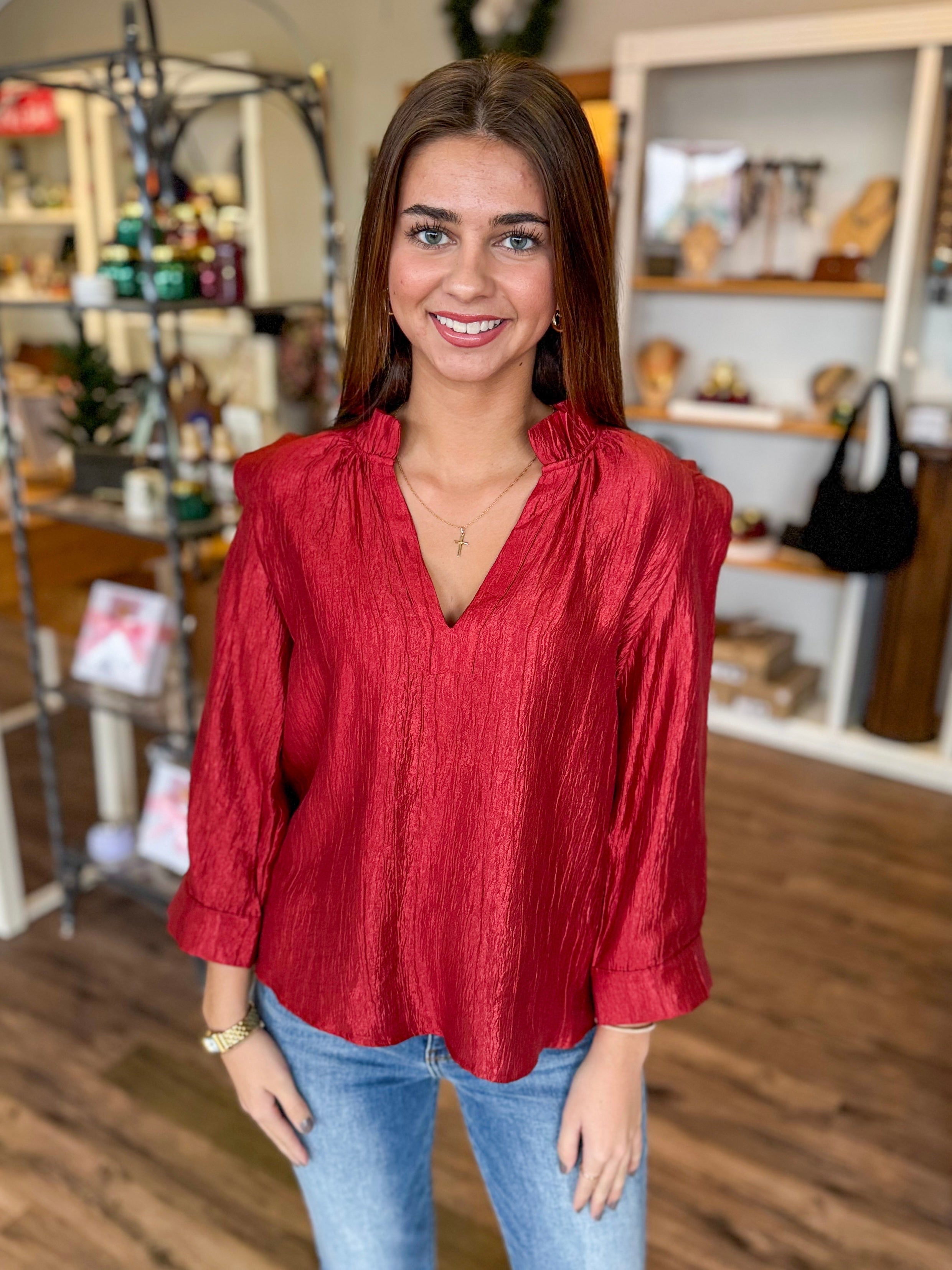 Red Shimmer Holiday Blouse