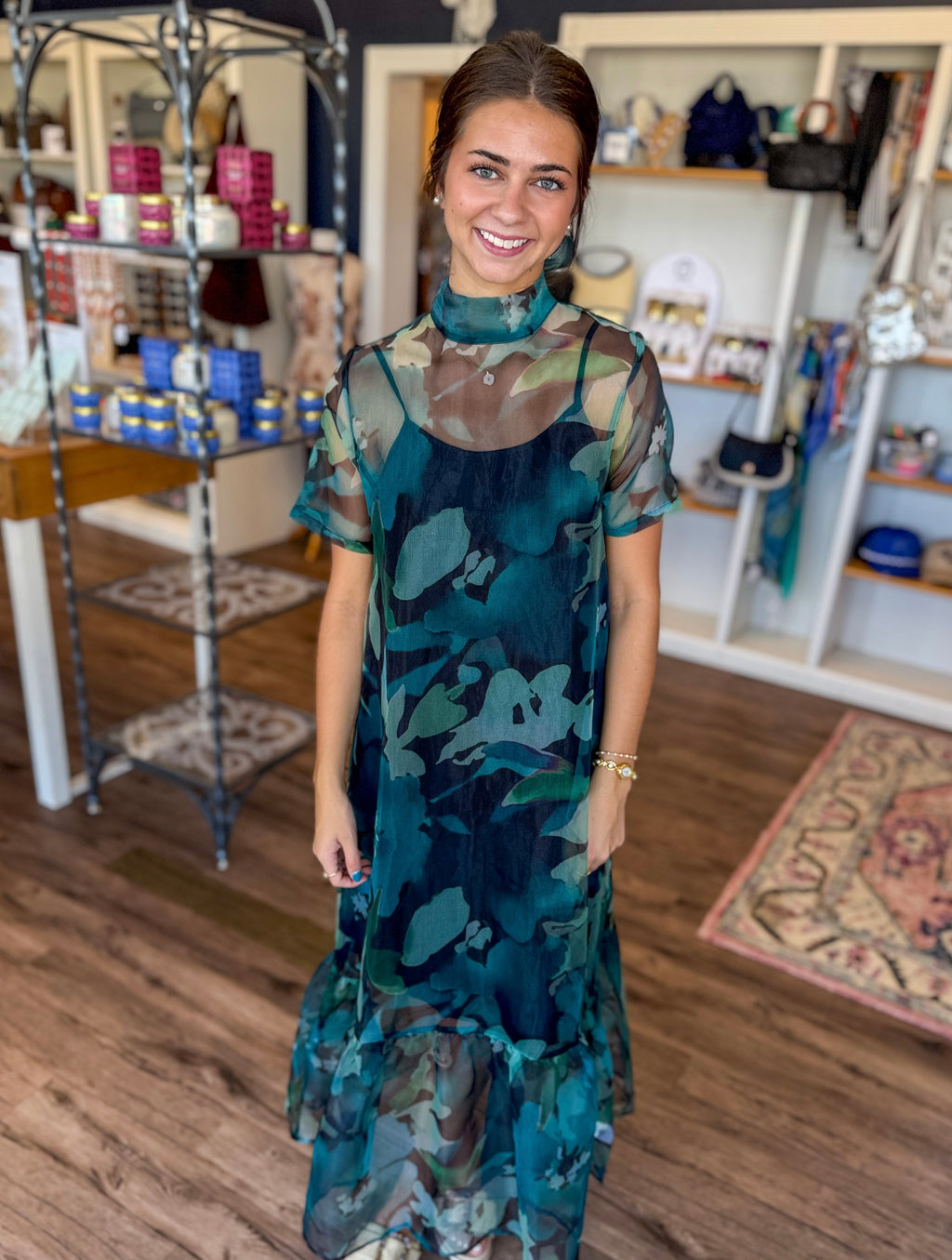 Teal Floral Mesh Maxi Dress