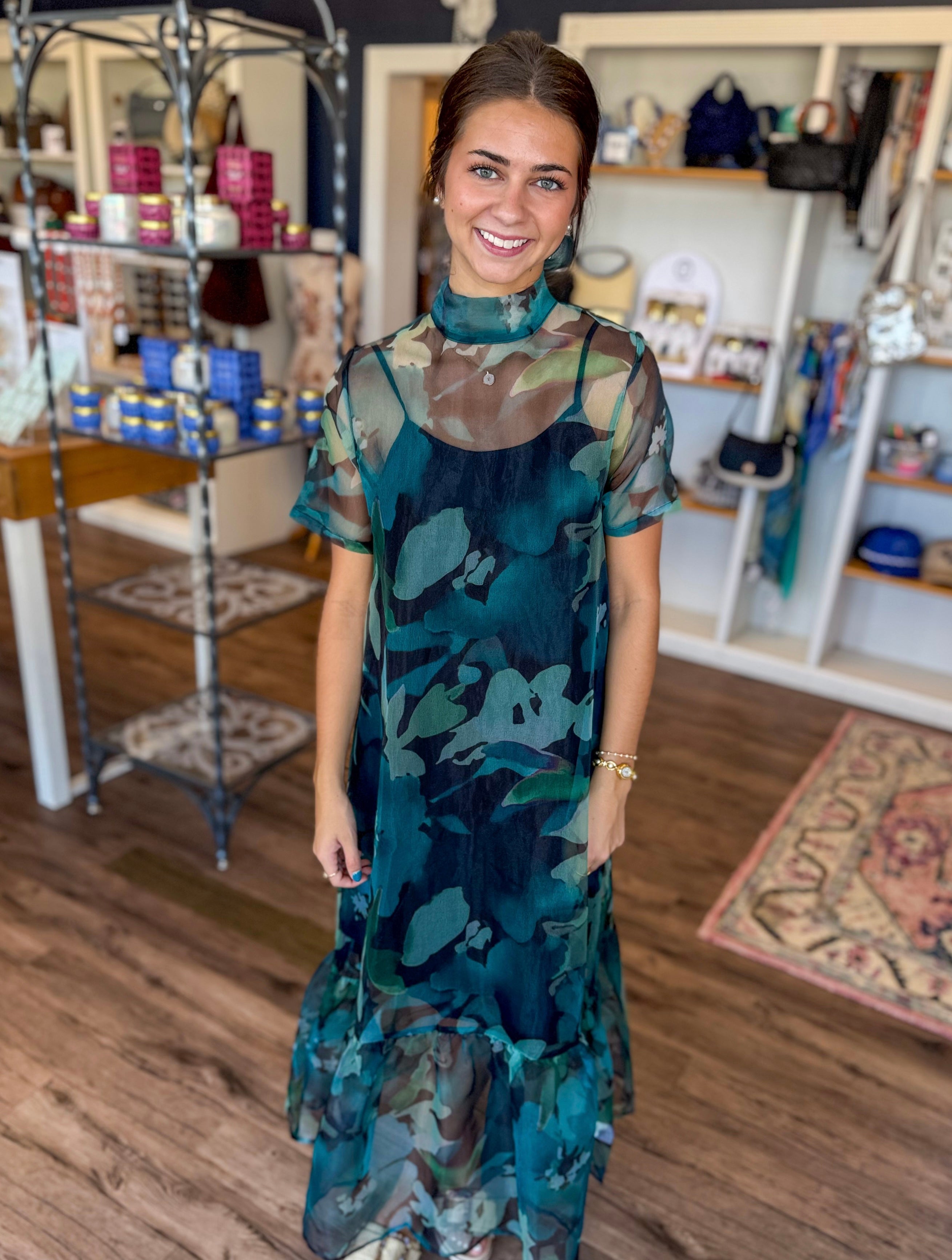 Teal Floral Mesh Maxi Dress