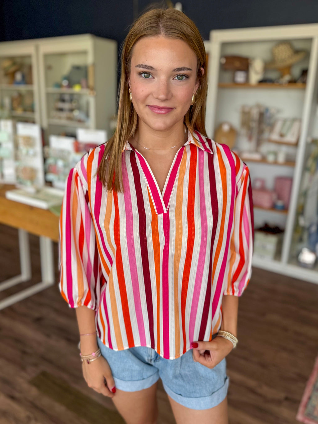 Rose Stripe Collar Top