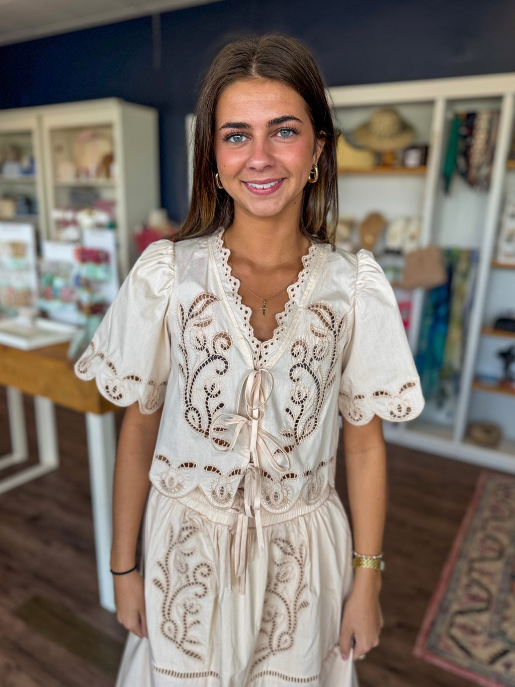 Cream Eyelet Detail Top