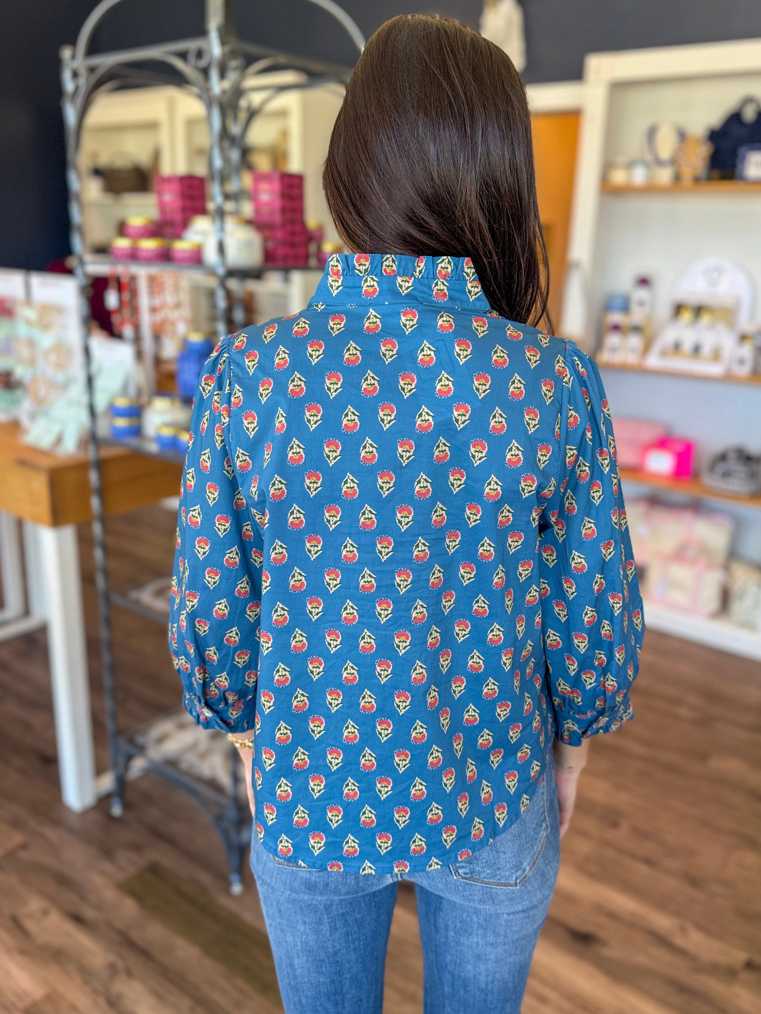 Blue Printed Ruffle Blouse