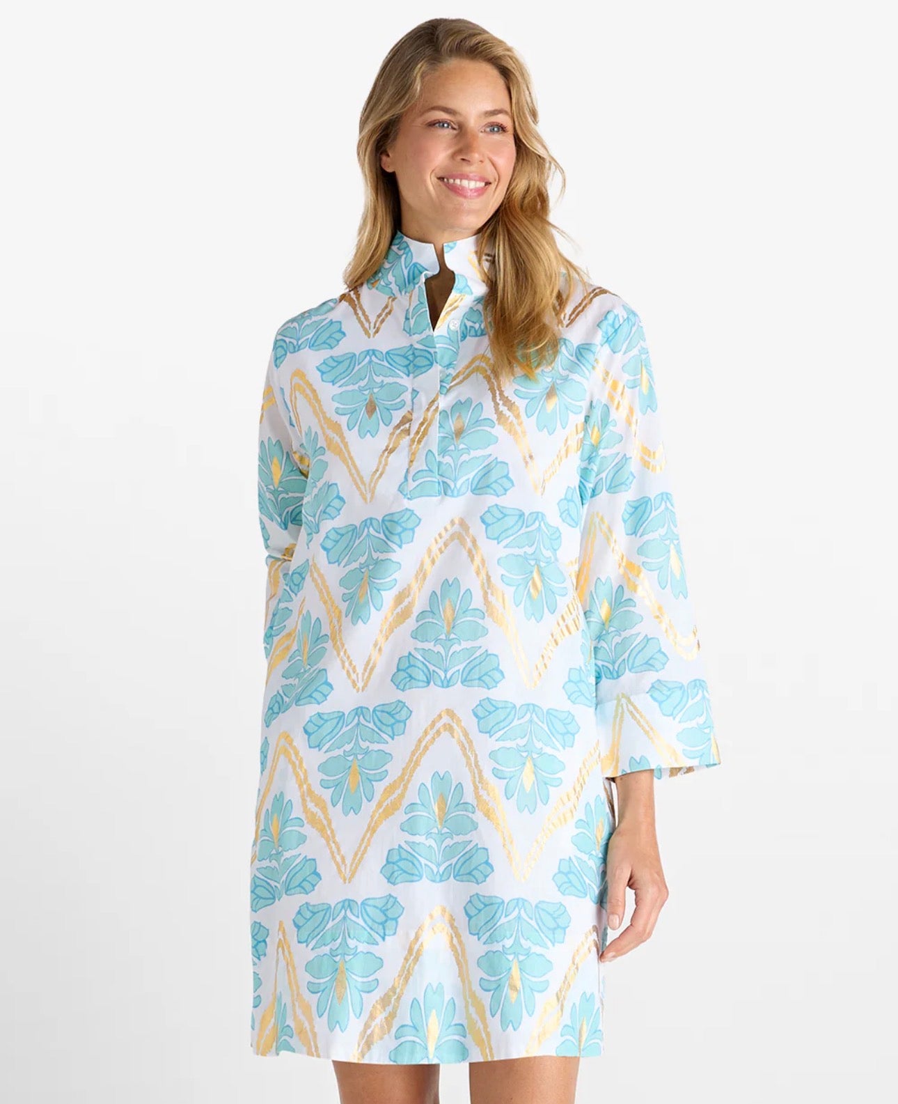 Helen Dress in Gilded Flora Light Aqua