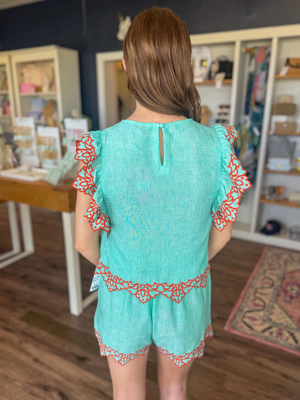 Mint and Orange Embroidered Top