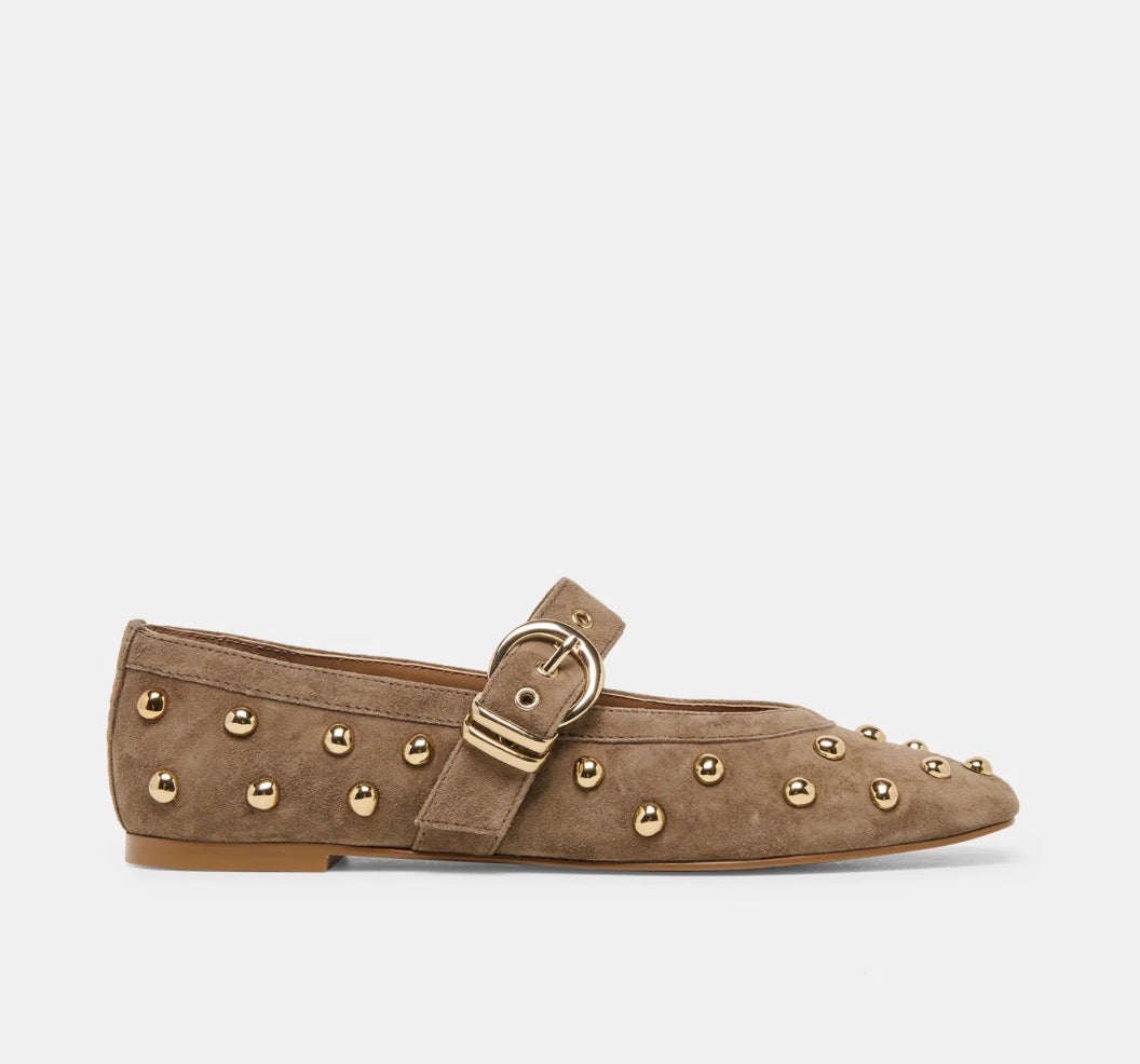 Mikel Studded Olive Suede Flat