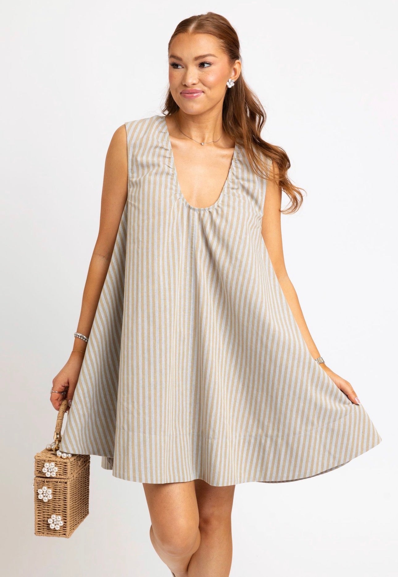 Linen Stripe Scoop Neck Dress