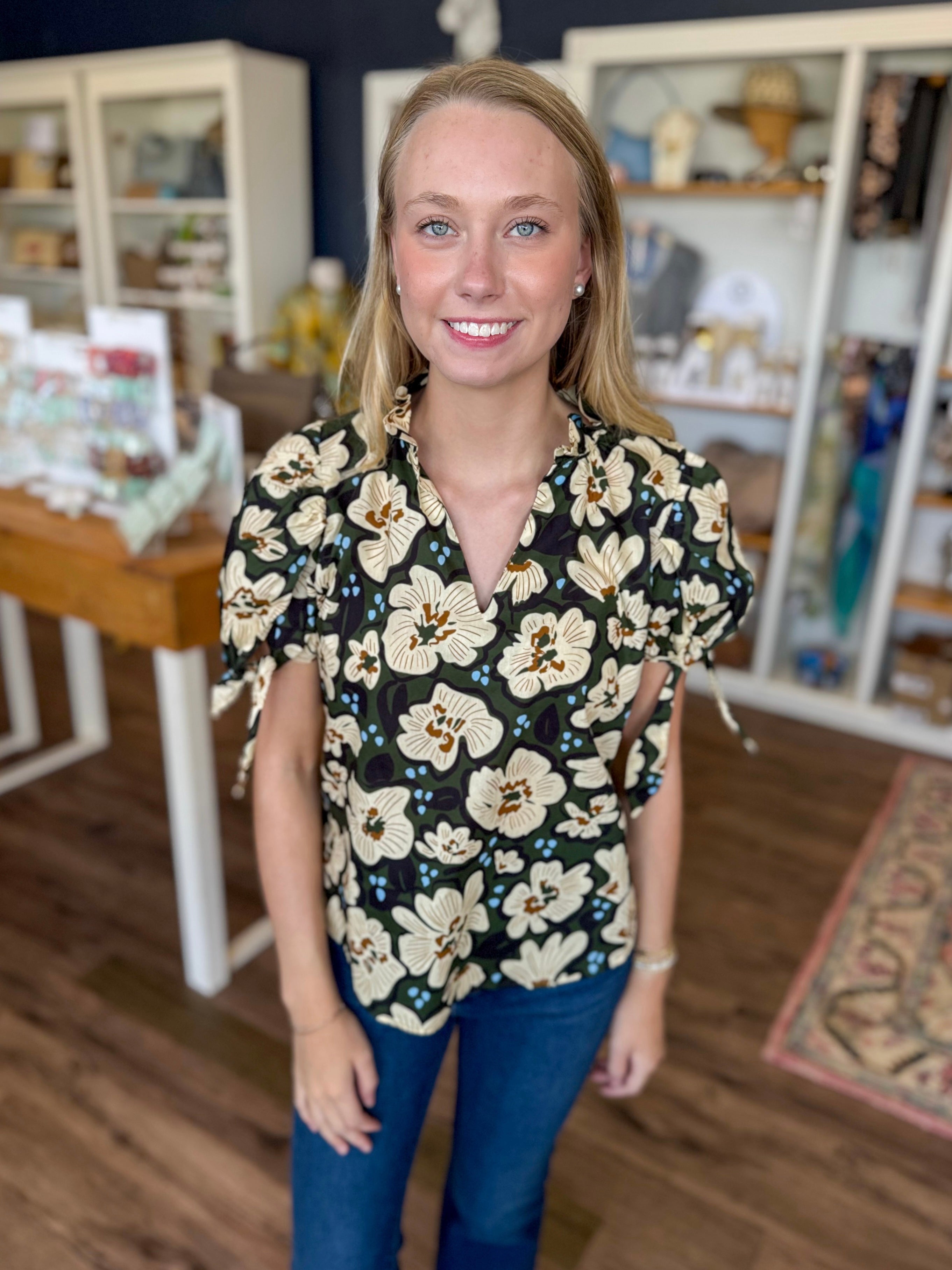 Olive Floral Tie Sleeves Top