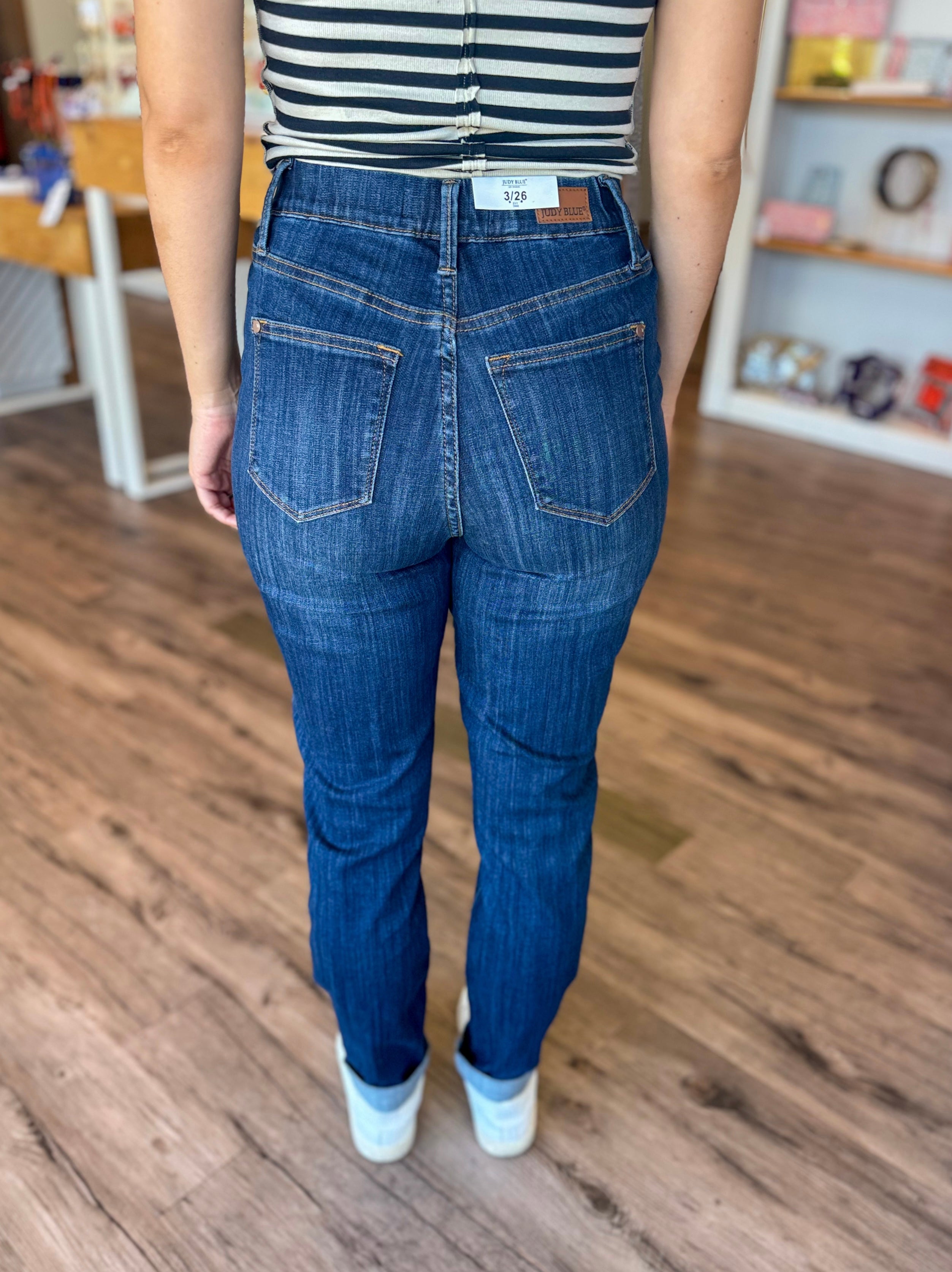 High Waisted Pull On Cuff Jeans
