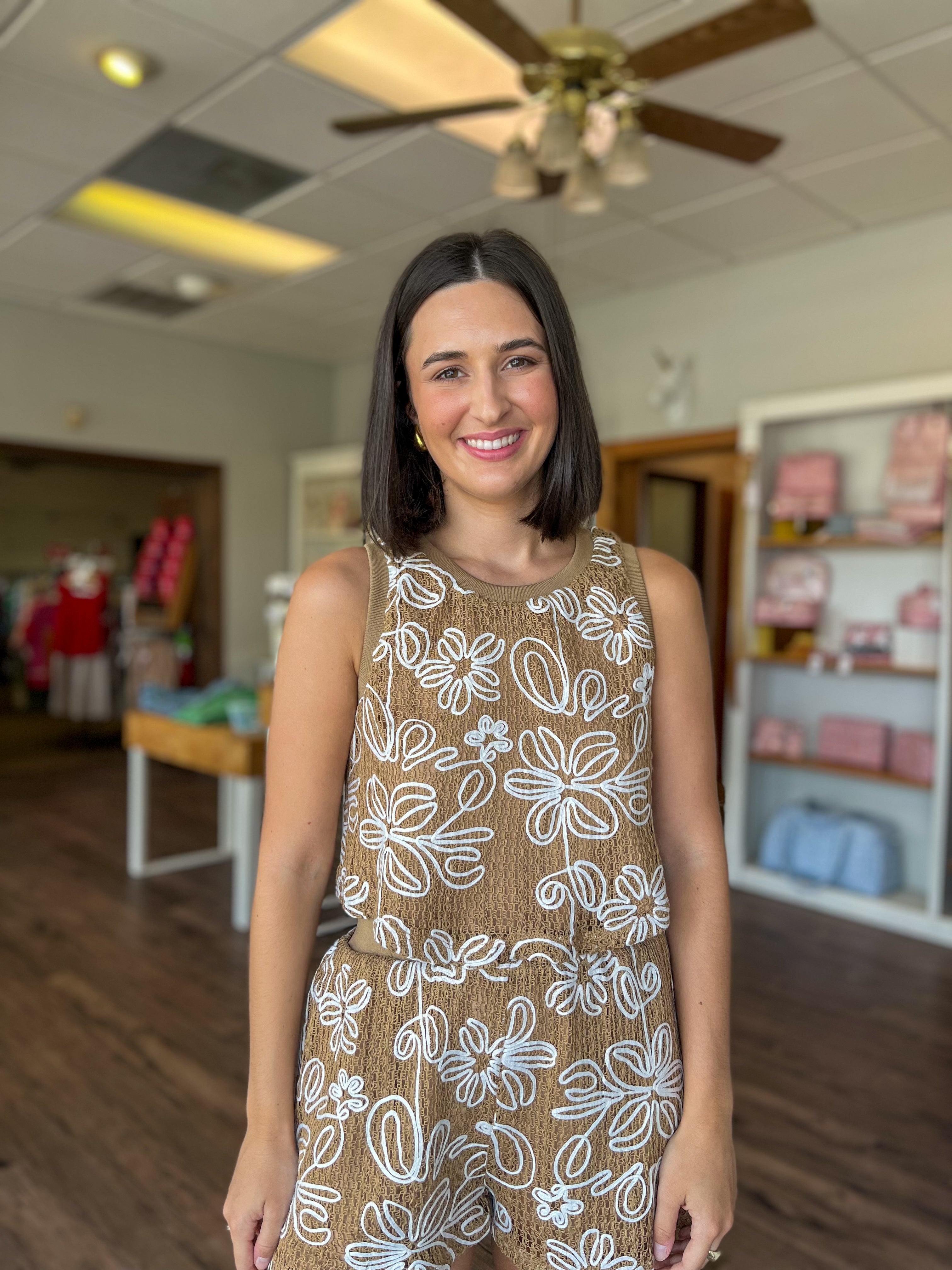 Embroidered Brown Texture Knit Top