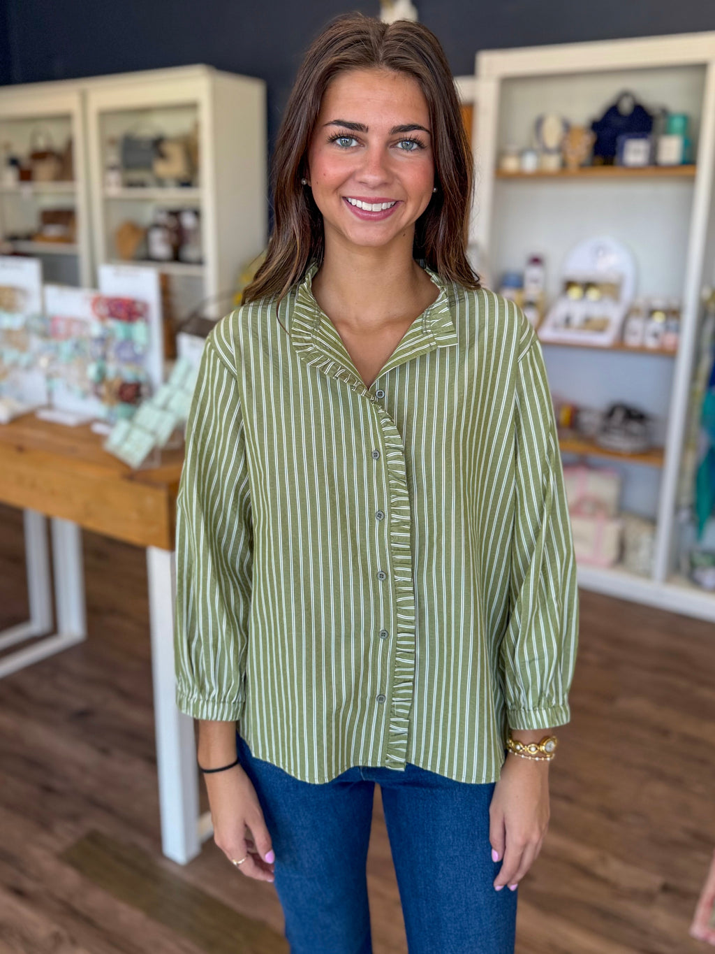 Green Stripe Ruffle Blouse