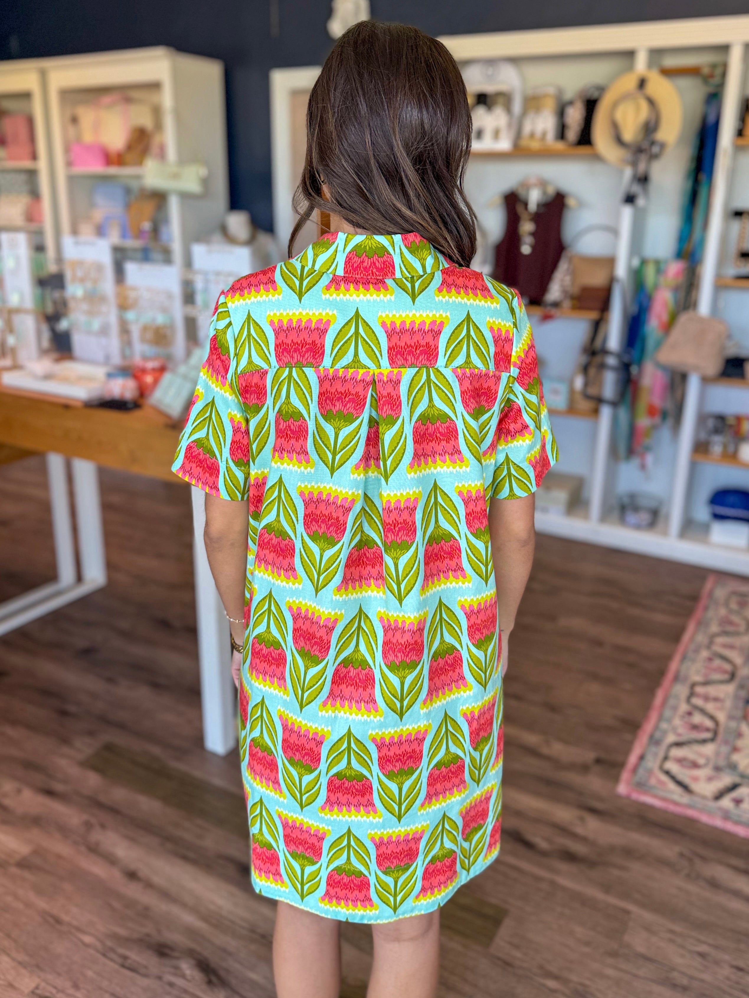 Aqua Blooms Swing Shirt Dress