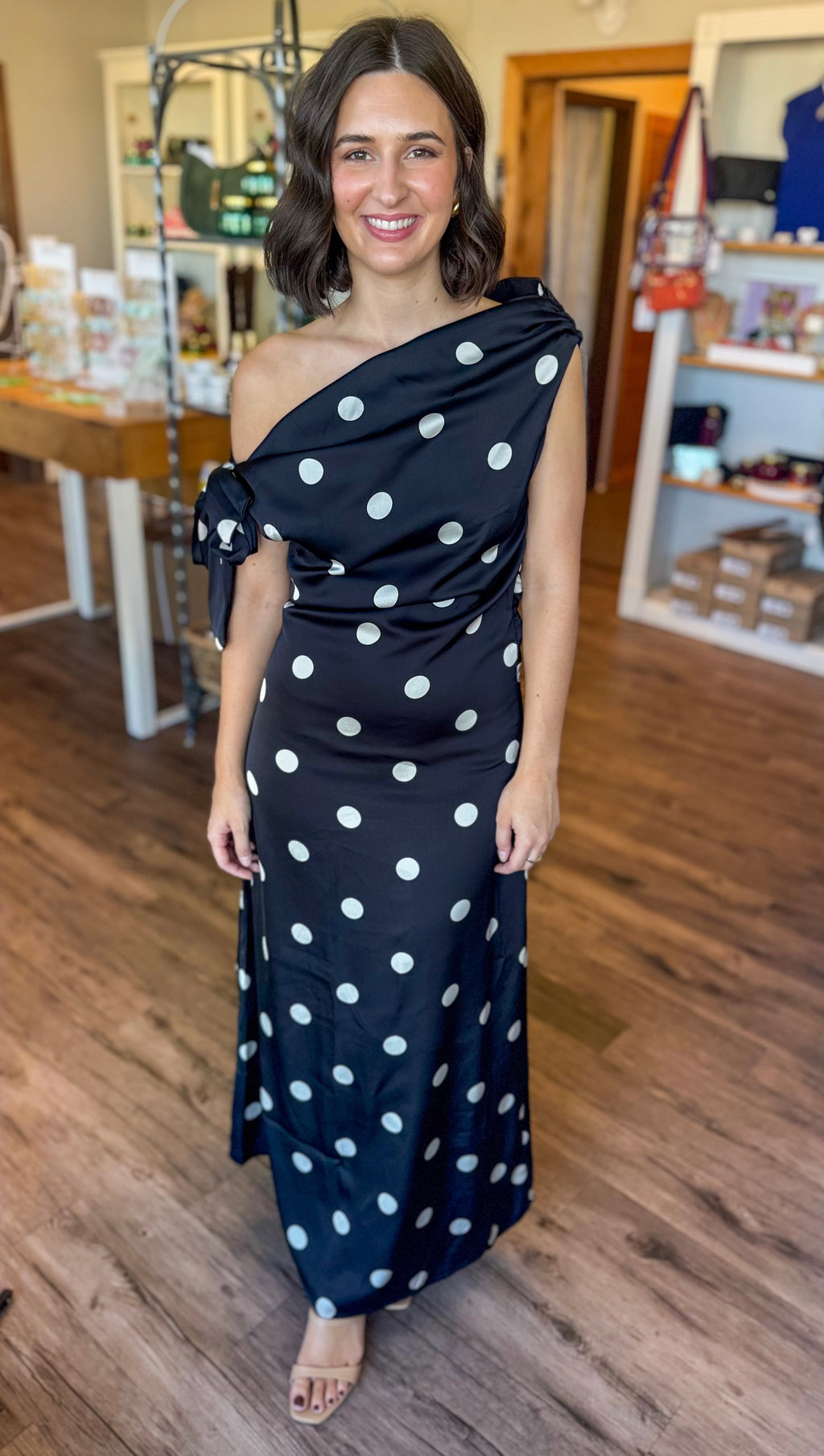 Polka Dot Satin Maxi Dress
