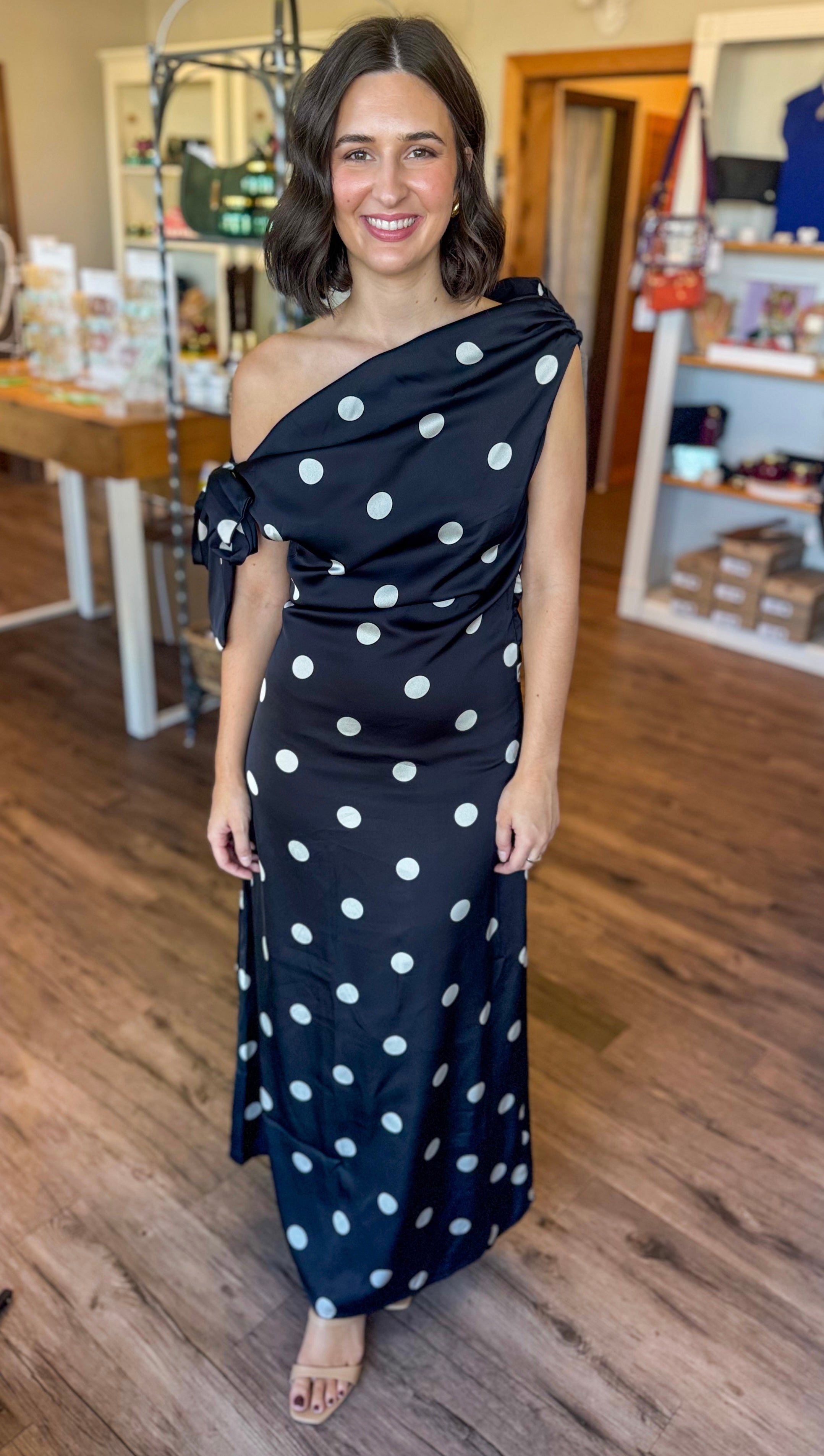 Polka Dot Satin Maxi Dress