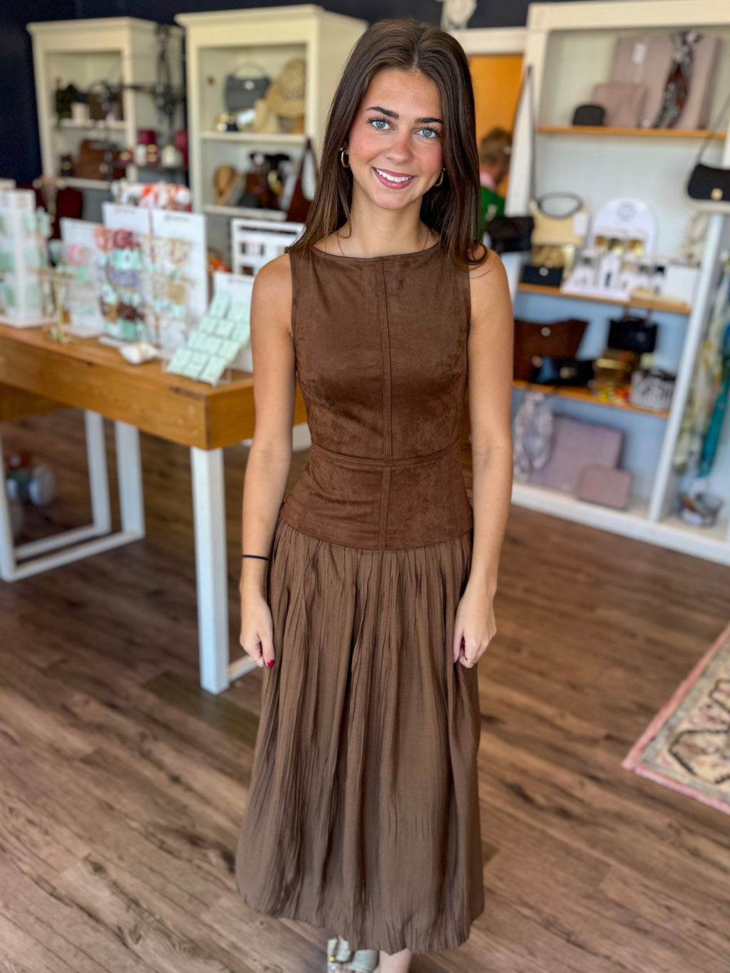 Brown Suede Mix Media Maxi Dress