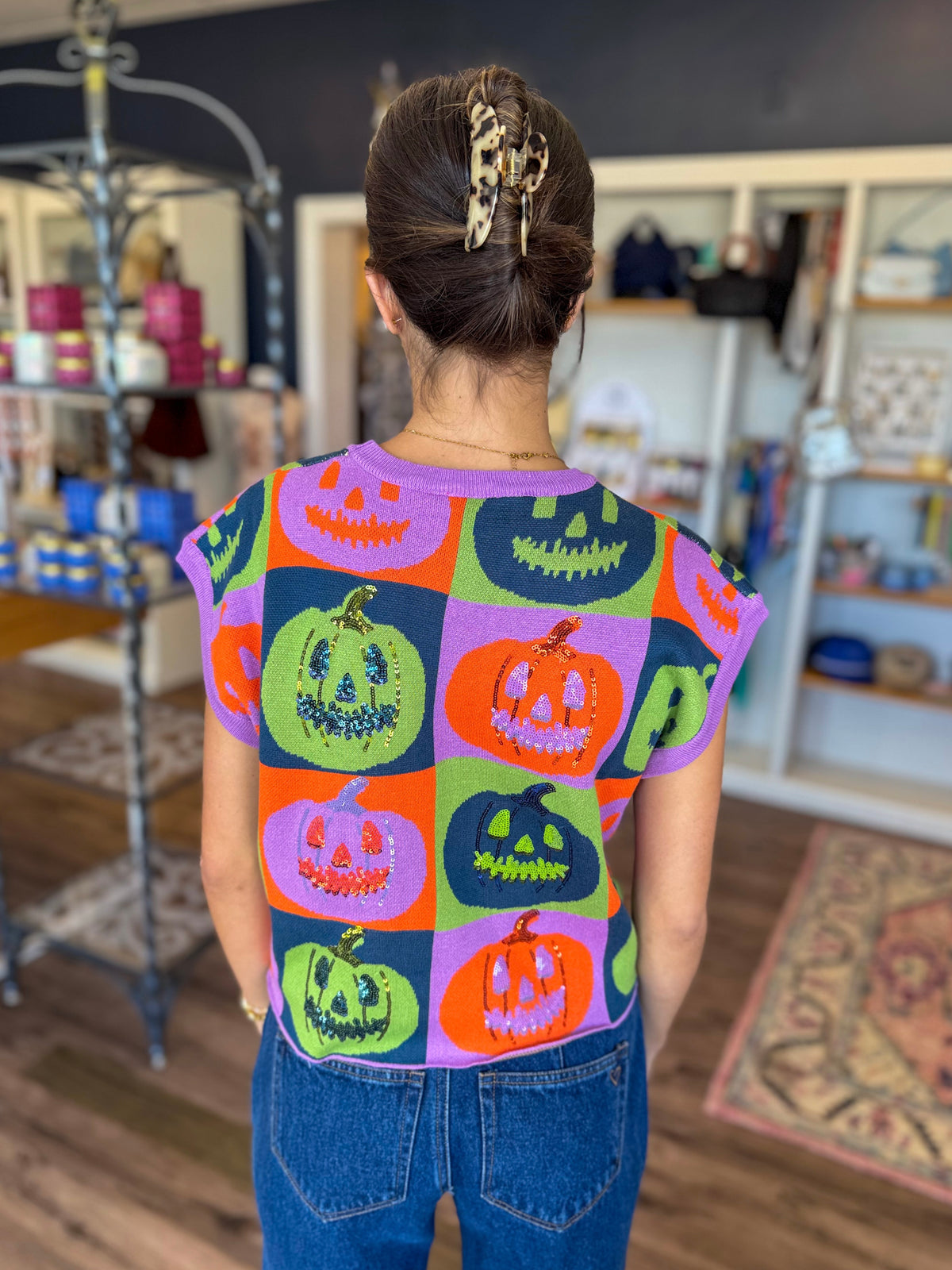 Neon Pumpkin Checkered Sweater