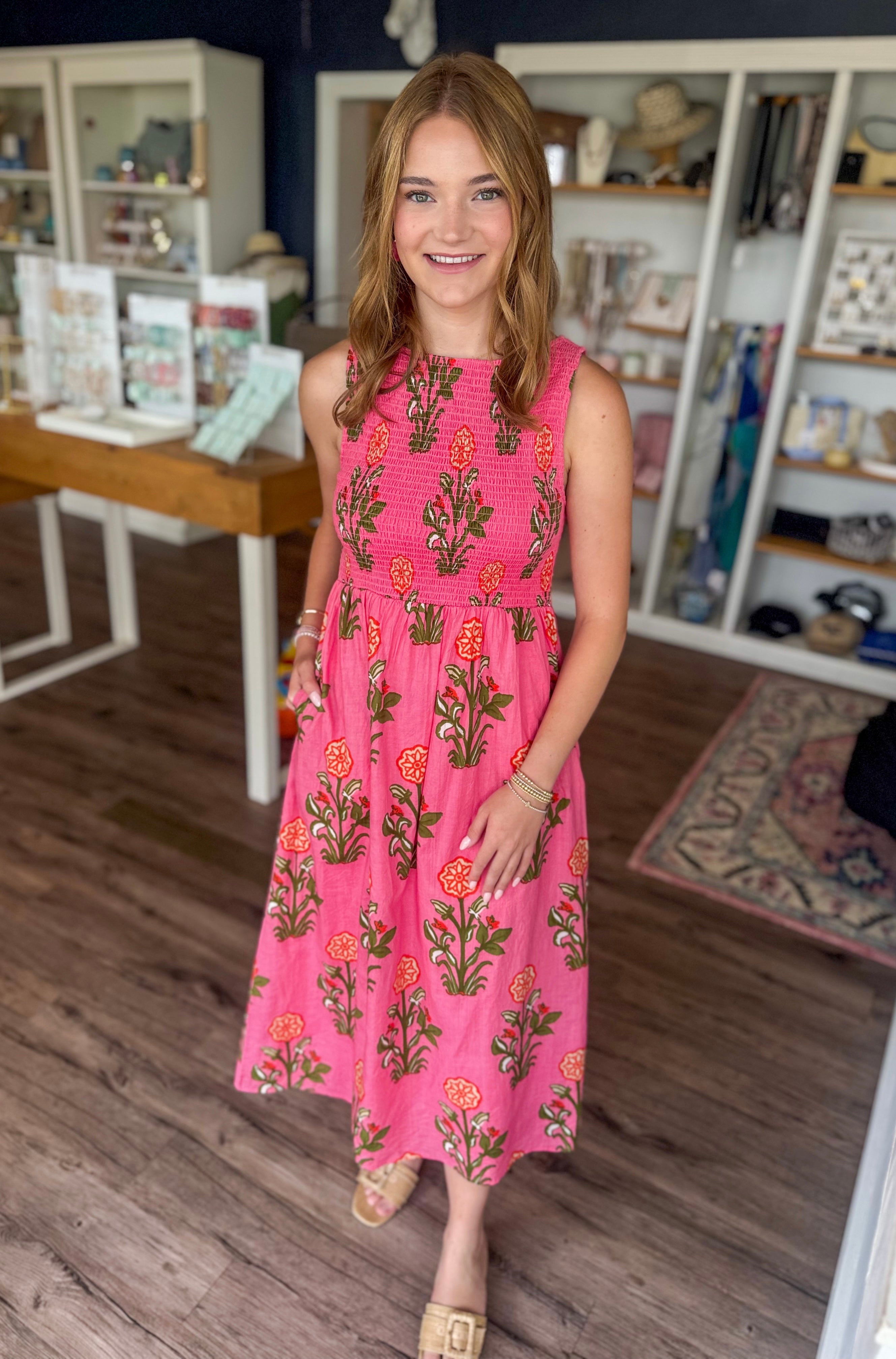 Pink Smocked Floral Midi Dress