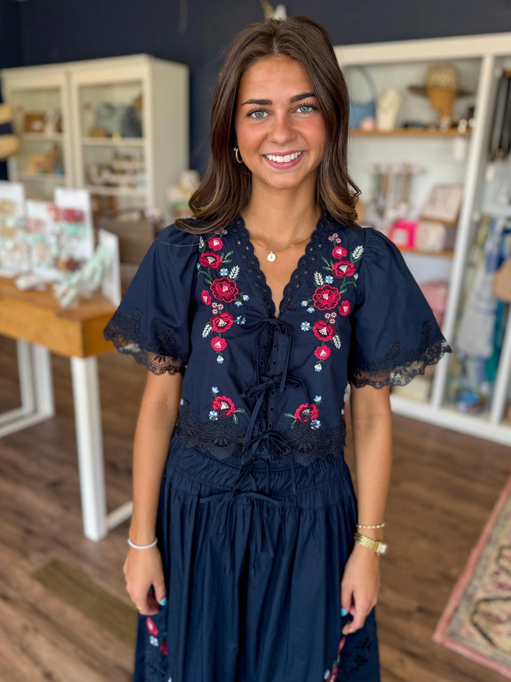 Navy Lace Embroider Top