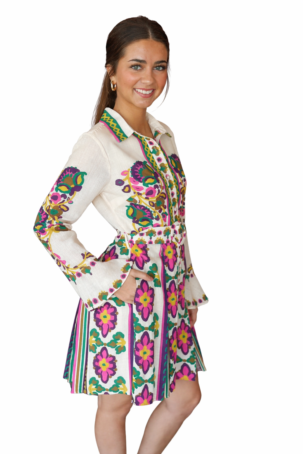 Cream Floral Pleated Dress